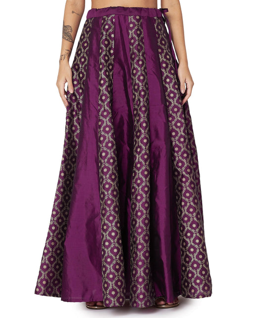 studio rasa Women's Silk Blend Block Printed Kalidaar Skirt for Wedding Festive Party (SKTC52401M_Purple_Medium)