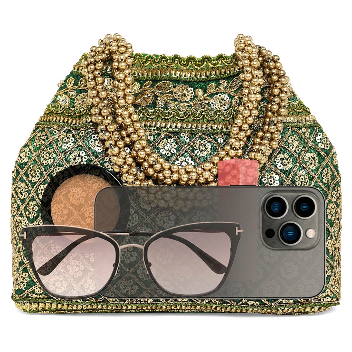 Peora Cream & Green Potli Combo Handbags Gift for Women