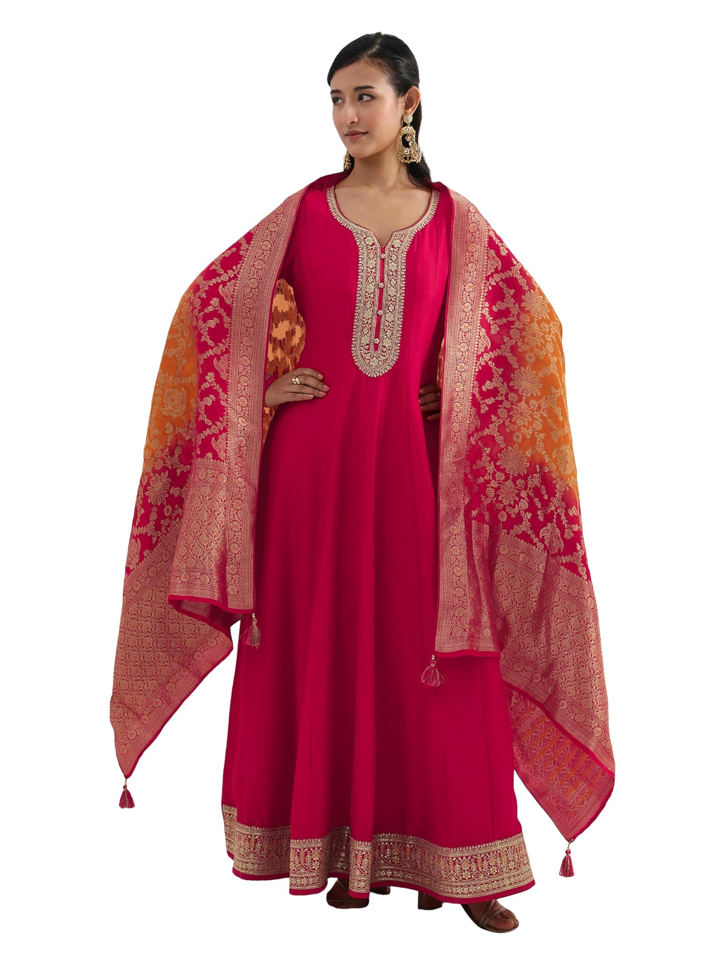 Libas Embroidered Silk Blend A-Line Ethnic Dress with Dupatta-93607M
