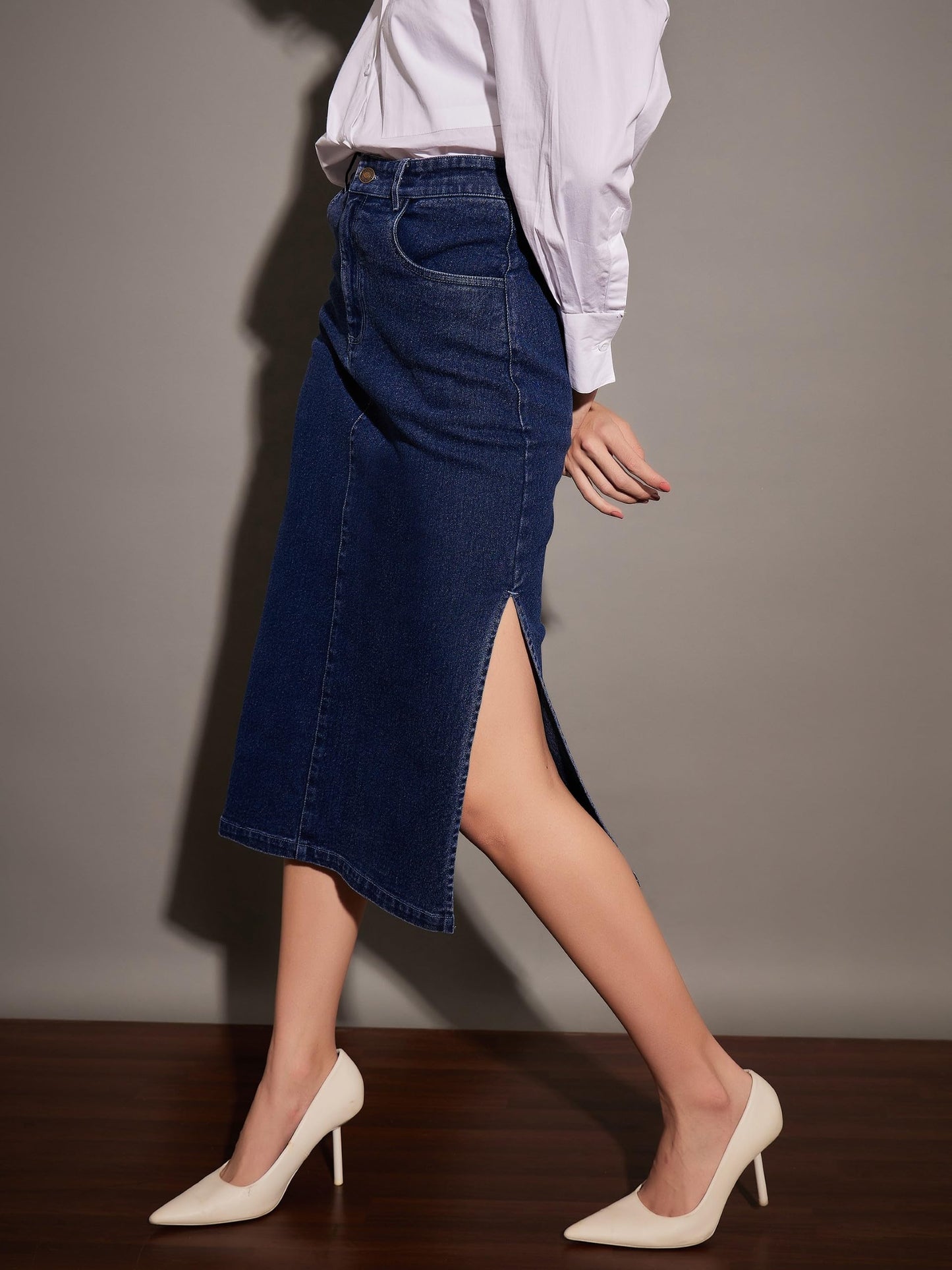 Navy Denim Side Slit Midi Skirt