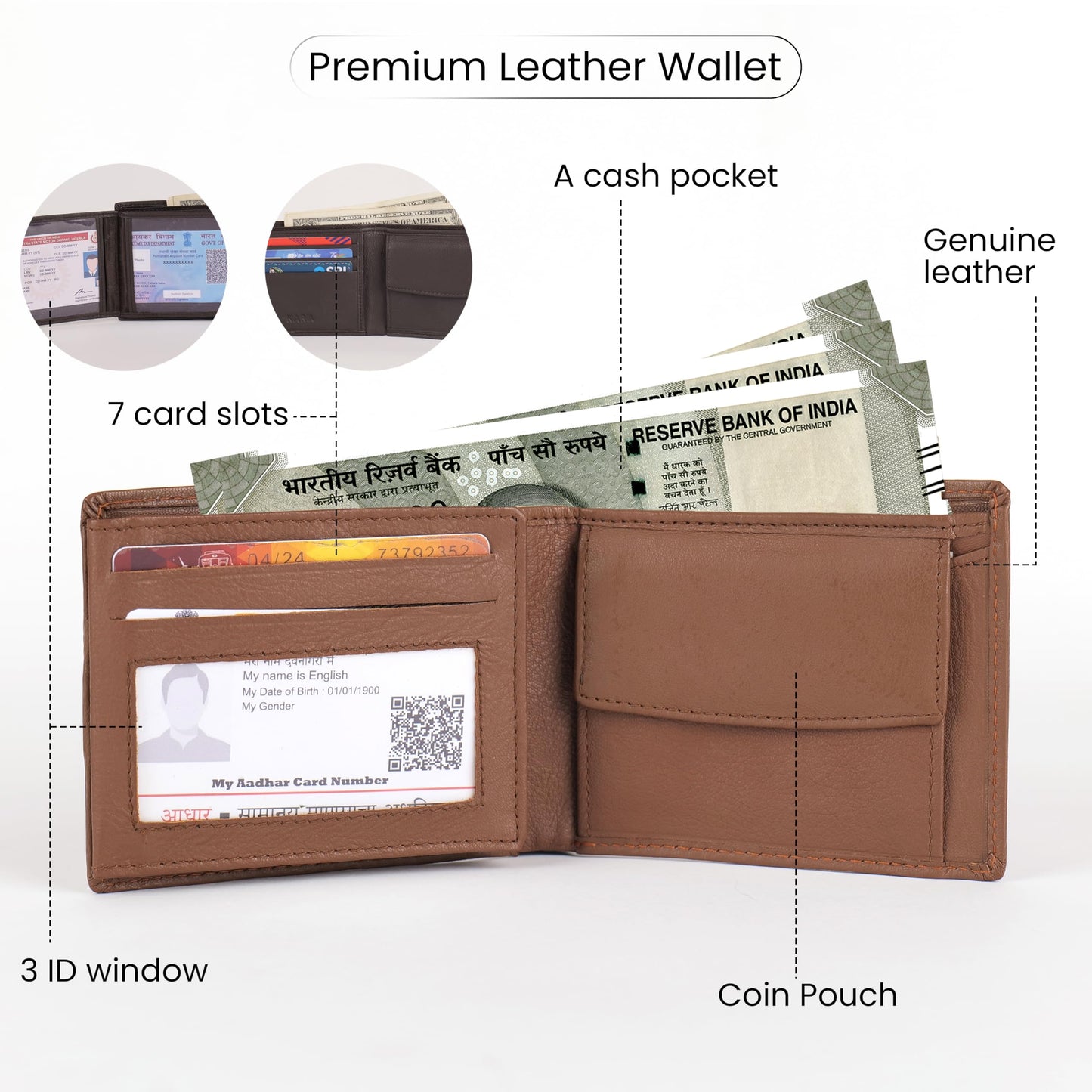 KARA Tan Men's Genuine Leather Wallet – Bifold, 2 Cash Compartments, Coin Pocket, 10+ Card Slots, Hidden & Transparent Flip Sections