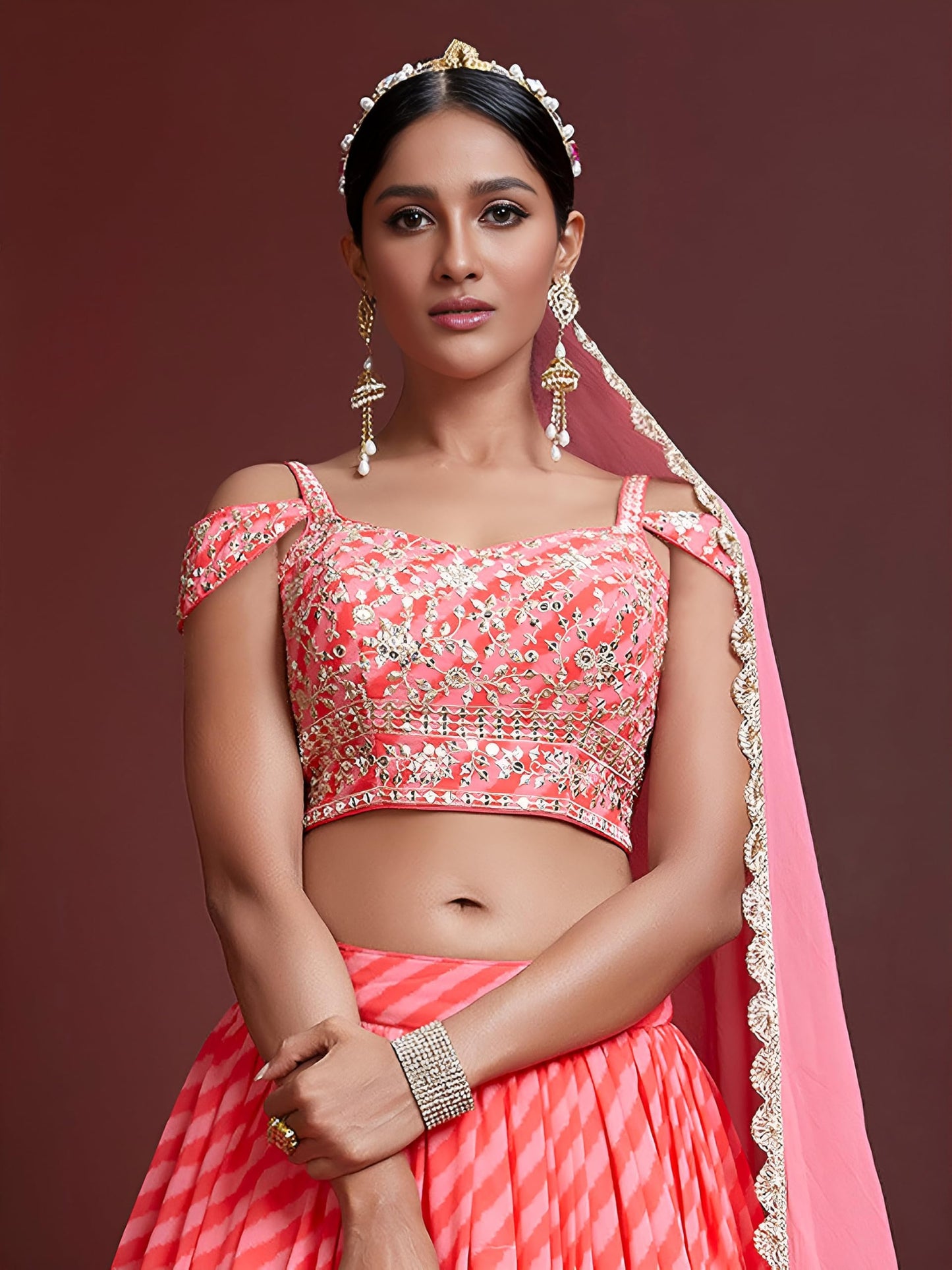 Zeel Clothing Women's Organza Laheriya Embroidered Semi-Stitched Lehenga Choli with Dupatta (107-Pink-Wedding-Bridal-Latest-Lehenga; Free Size)