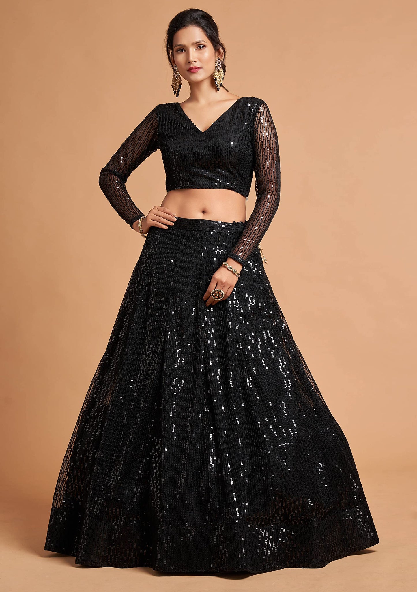Zeel Clothing Women's Black Net Embroidered Semi-Stitched New Lehenga Choli with Dupatta (7308Black-Wedding-Girlish-Latest-Lehenga; Free Size)