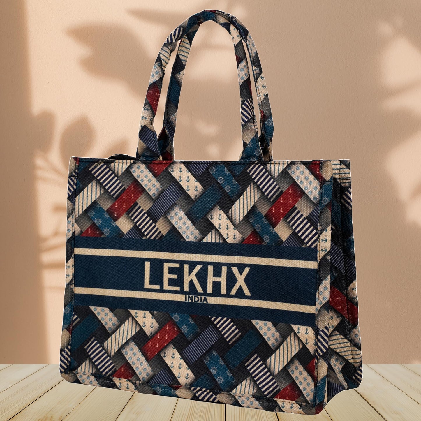 LX LEKHX Designer Tote Bag for Women | Premium Laminated Jute Canvas Handbag with Geometric Print | Stylish Spacious Office, College, Travel & Laptop Bag (Fits 16 Inch) (Multicolor-Blue)