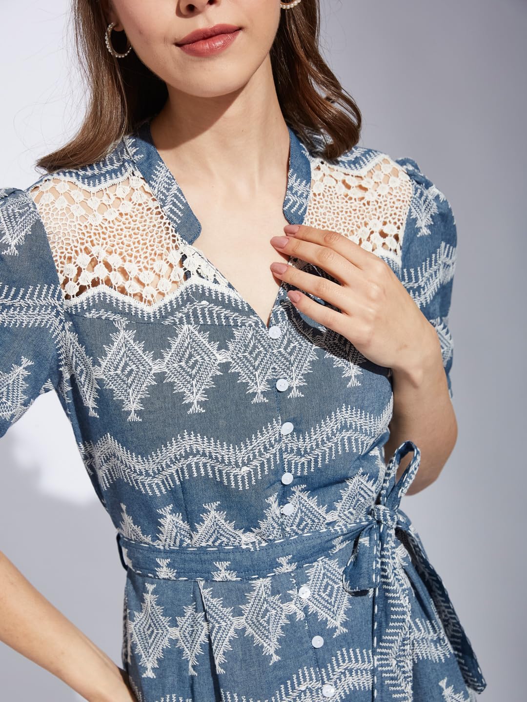 Latin Quarters Women Blue Collar Neck Half Sleeve Printed Shirt Dress_M