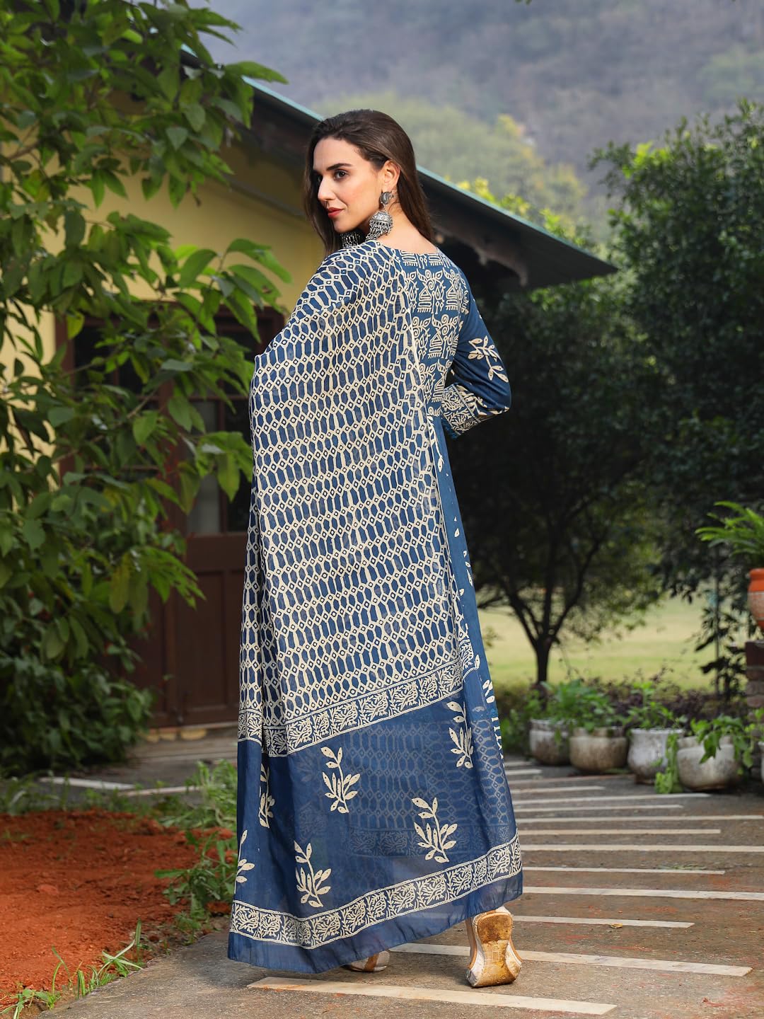 Stylum Women's Floral Printed Cotton Anarkali Kurta Pant Dupatta Set