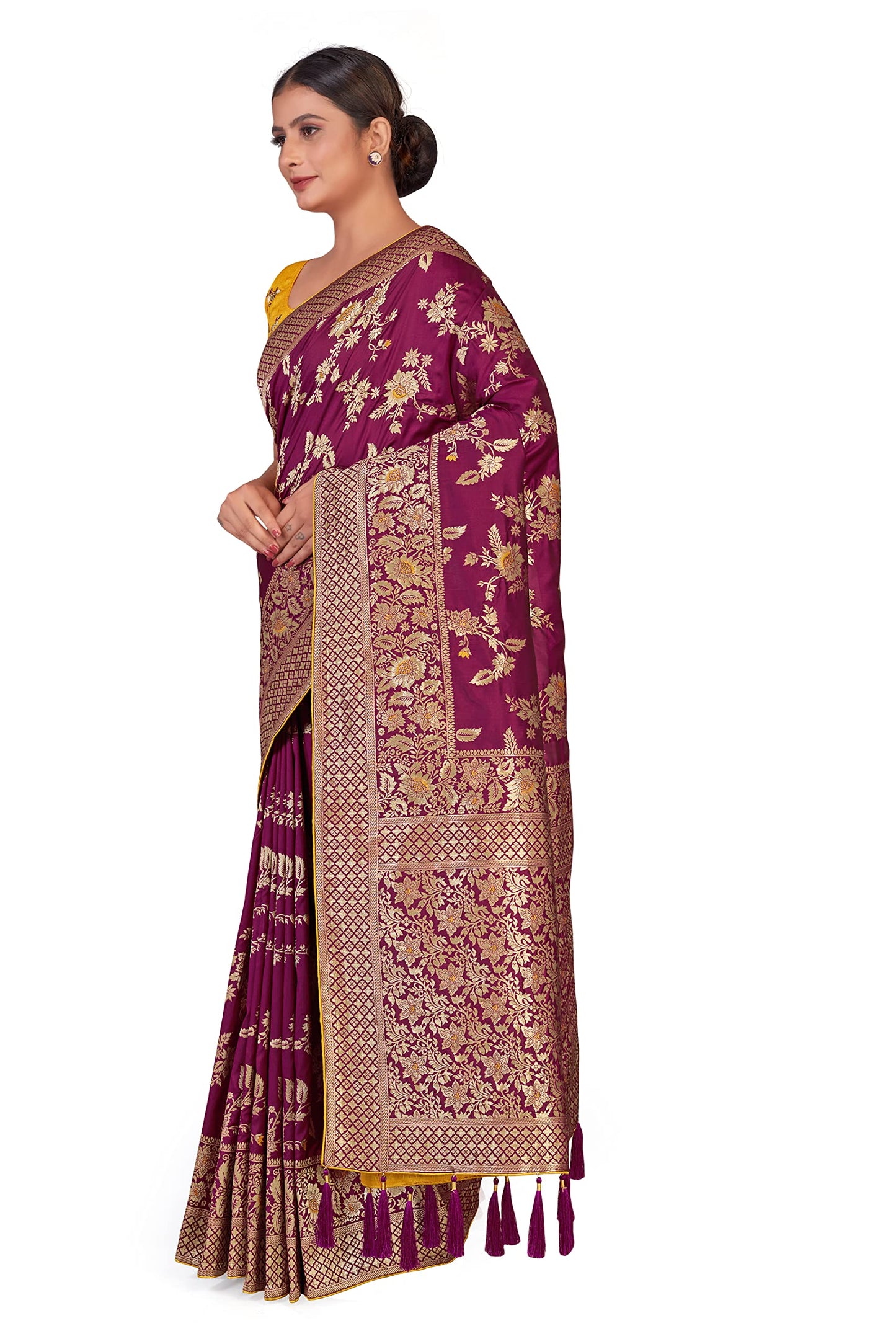 Monjolika Fashion Women's Banarasi Silk Blend Zari Woven Work With Tussles Saree Blouse Piece(37769 color) (Rani Pink)