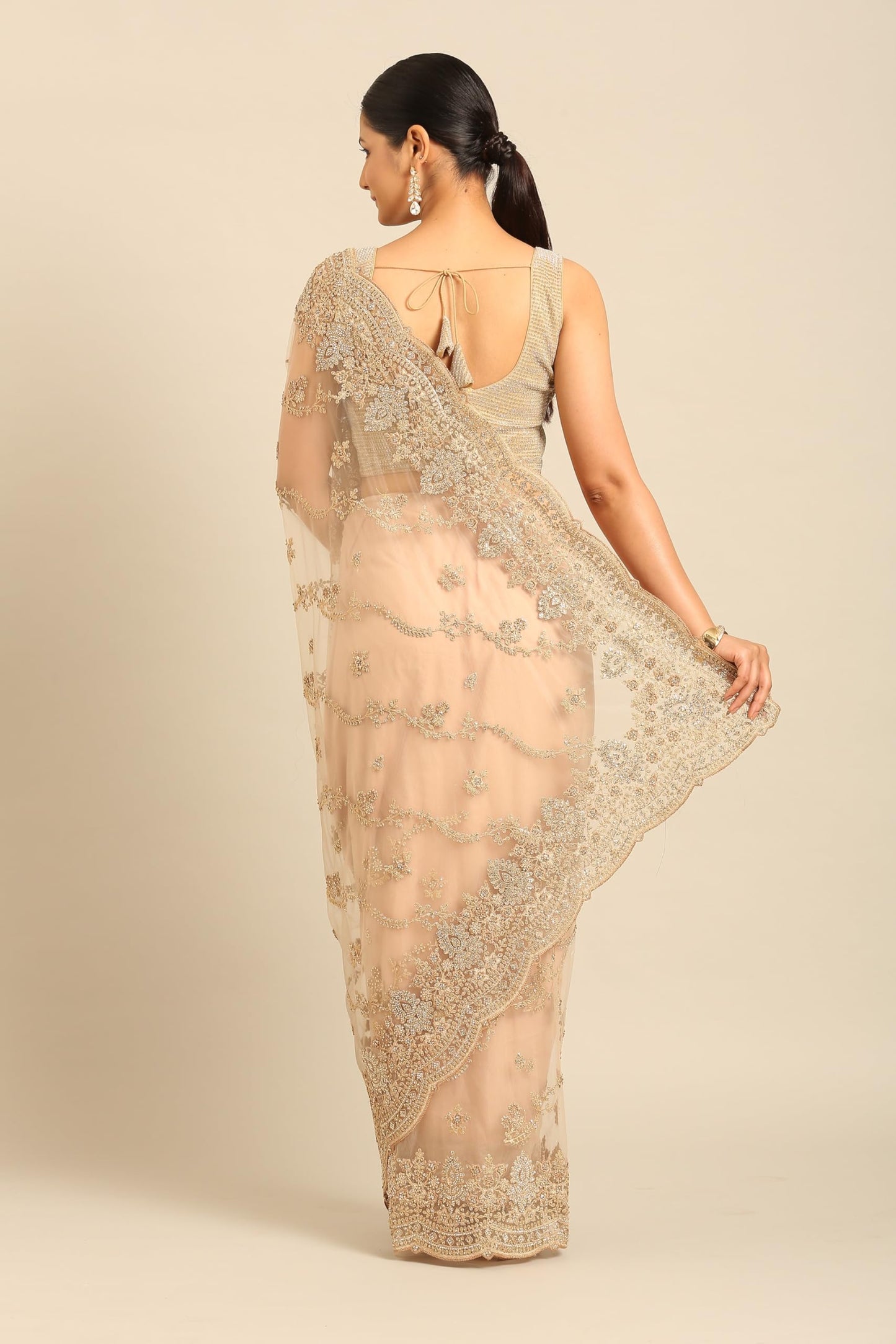 MOHEY Women's Beige Net Embroidered|Stone Work| Saree