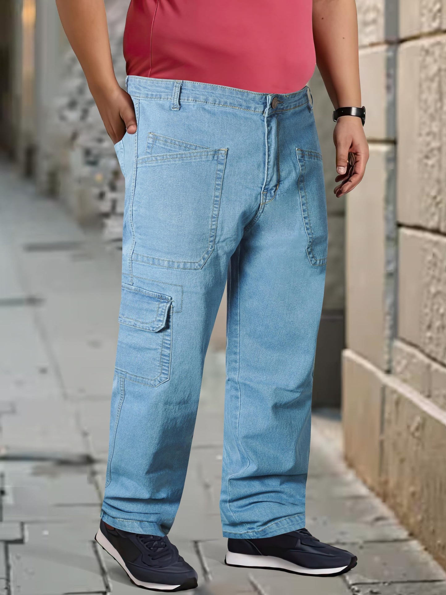 RIG BONE Men's Cargo Jeans Light Blue – Size 48 | Relaxed Plus Size Cotton Denim for Comfort