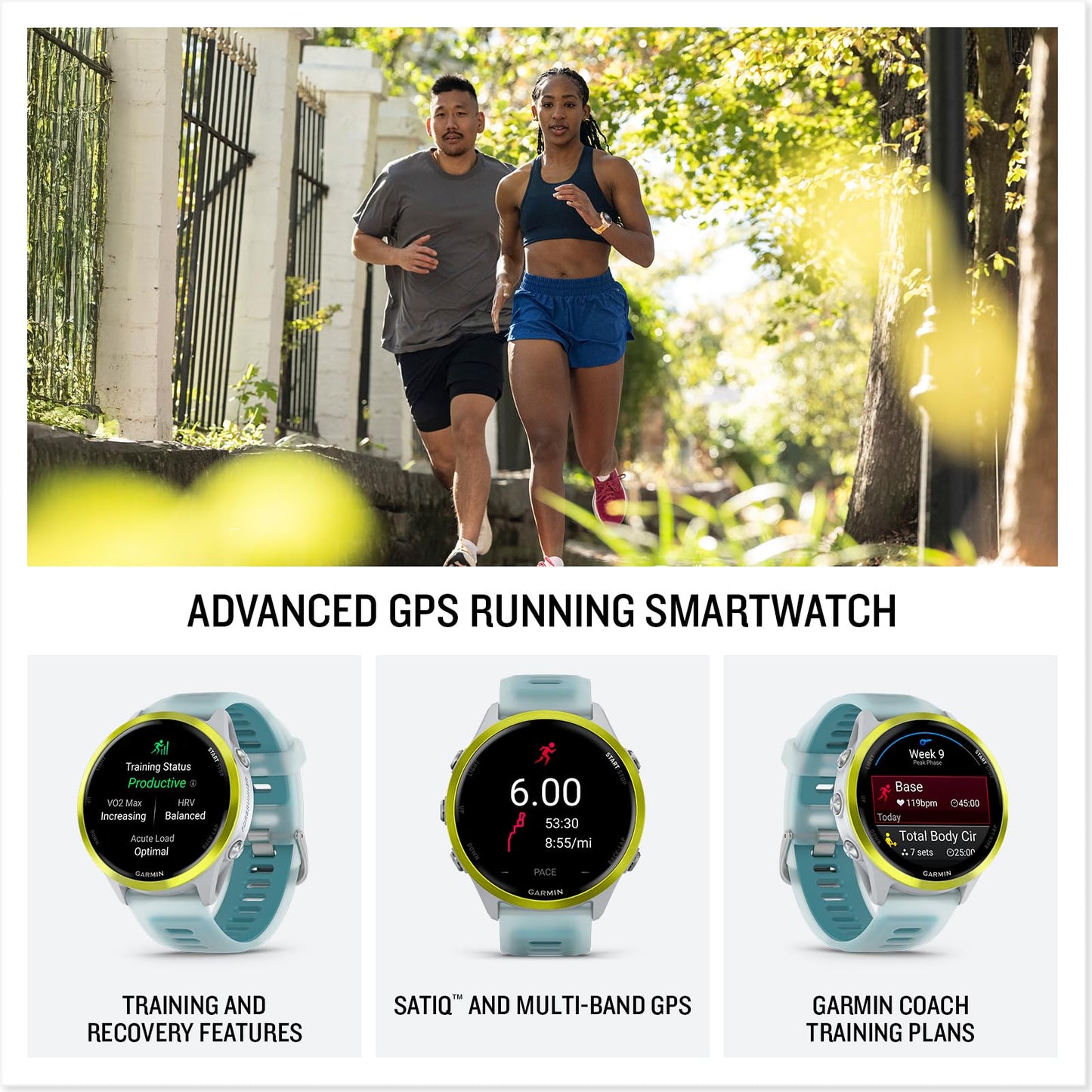 Garmin® Forerunner® 570, 47mm, Advanced GPS Running and Triathlon Smartwatch, AMOLED Display, Training and Recovery Features, Amp Yellow Aluminum with Translucent Whitestone/Turquoise Band