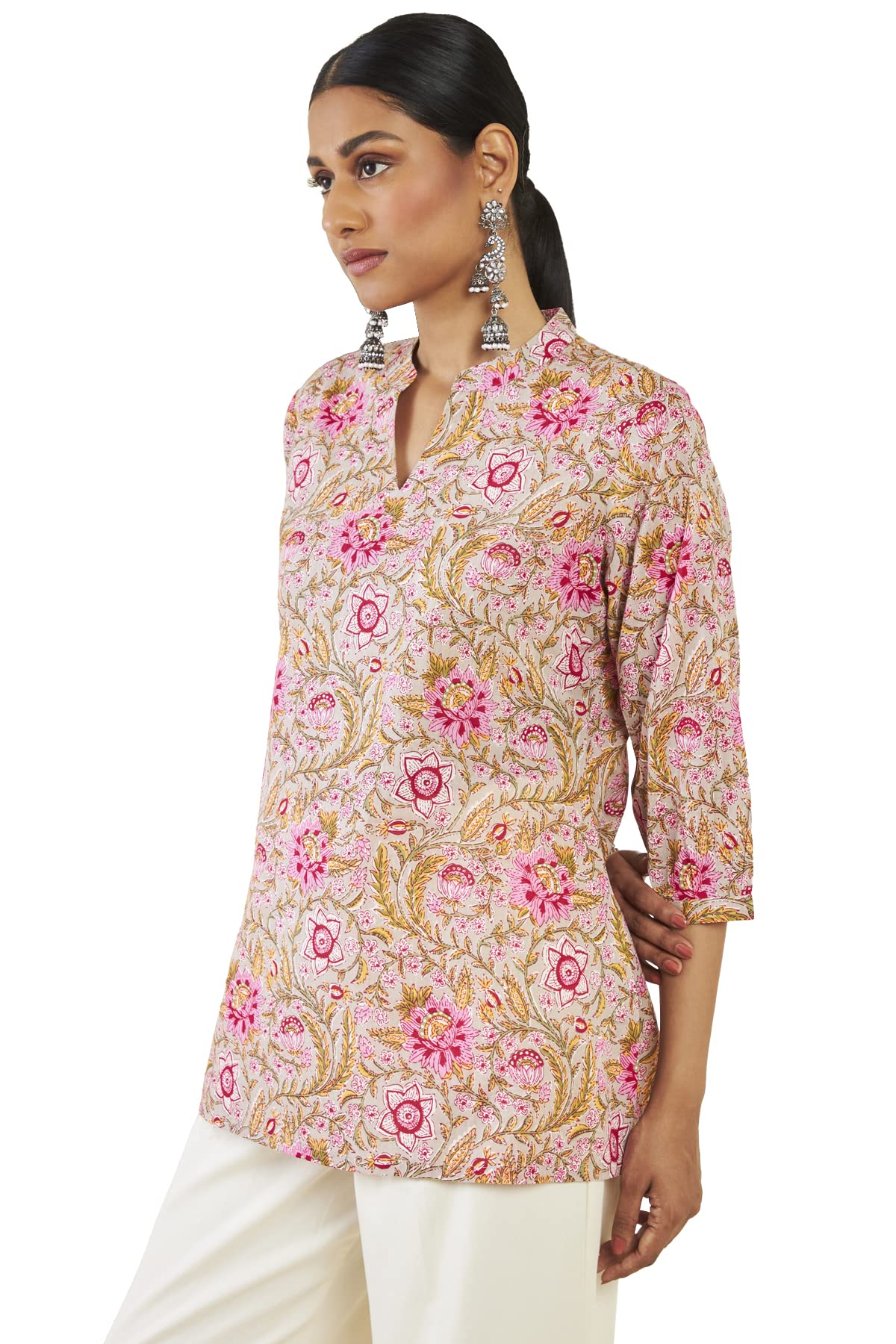 Soch Women Beige Cotton Printed Tunic(8907715925616_Beige_L)