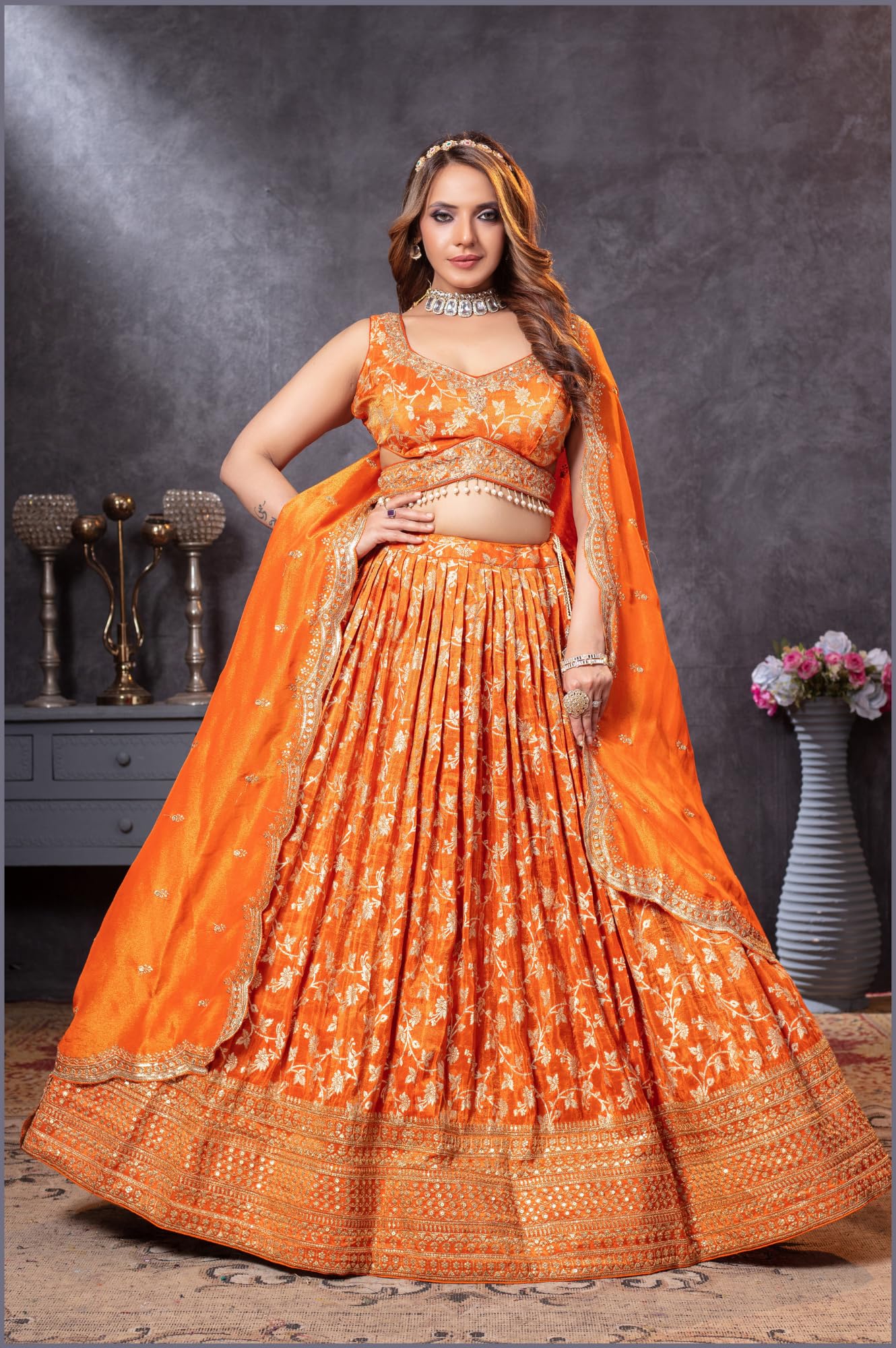 ADHIA Women's Embroidered Lehenga Choli with Dupatta | Silk Blend Wedding Lehenga Set | Traditional Indian Dress (Lehenga, Dupatta, Blouse, Orange, Size - L)