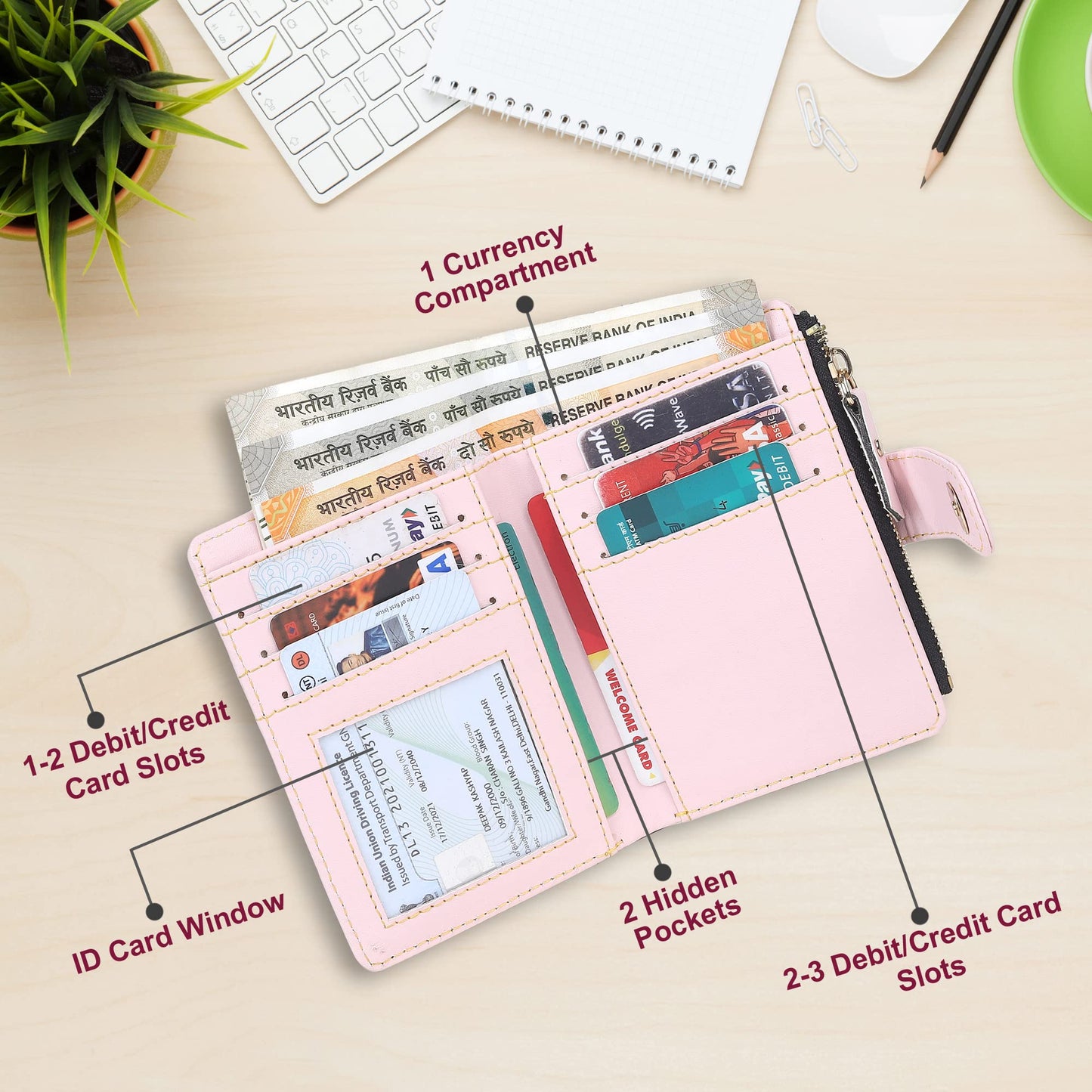 TnW PU Leather Mini Zipper Wallet for Women (Baby Pink)