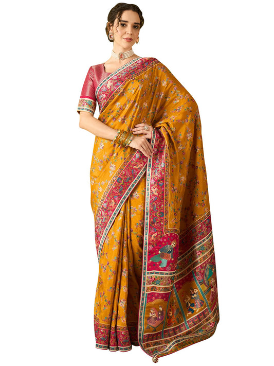 AKHILAM Women's Mustard Viscose Silk Ethnic Motif Printed Saree With Unstitched Blouse Piece (MSTANI158A_HS)