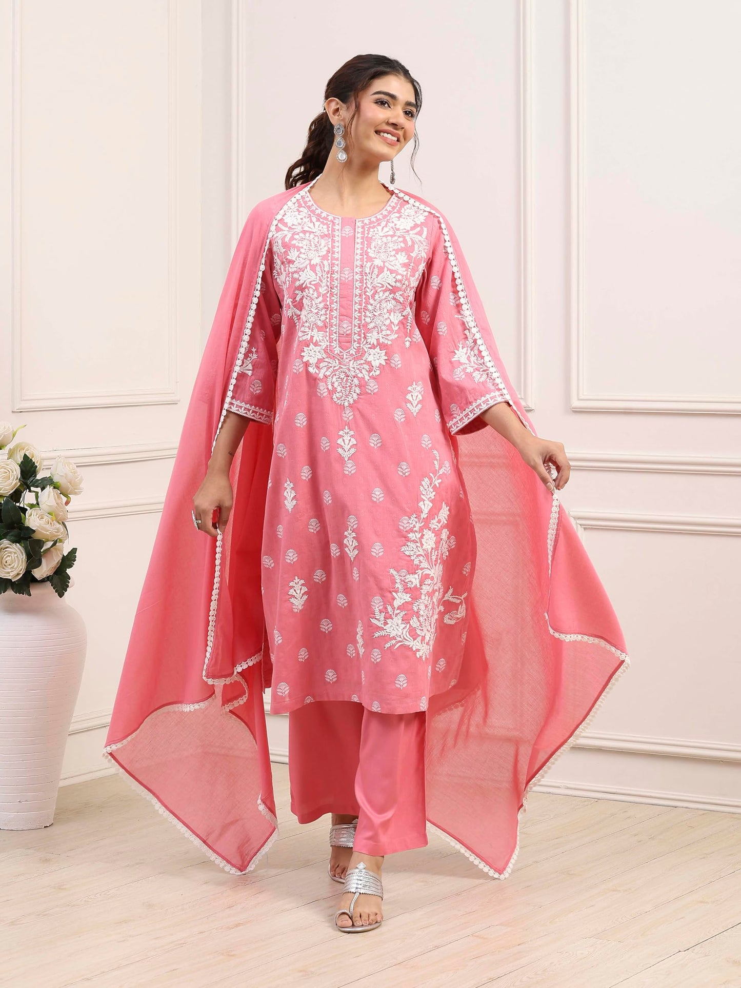 Biba Women Pink Cotton Straight Suit Set_36