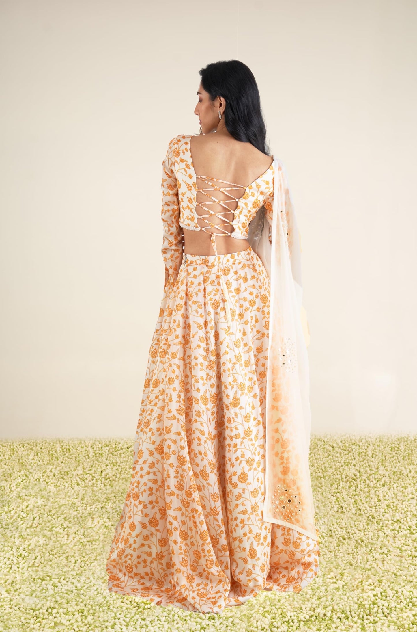 essaySumedha Agrawal Organza Satin Organza Santoon Lehenga Set for Women (Size: 6XL, Ivory & Orange)