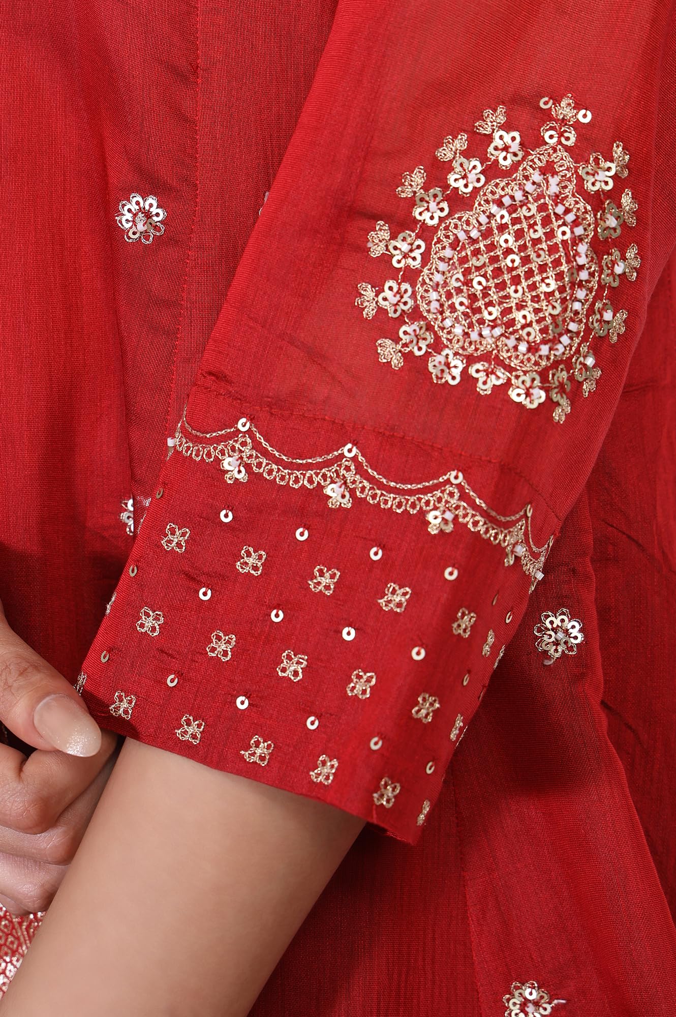 W for Woman Red Bandhni Embroidered Anarkali Jacquard Kurta with Sharara and Dupatta Set (WS13168-224094-3XL)
