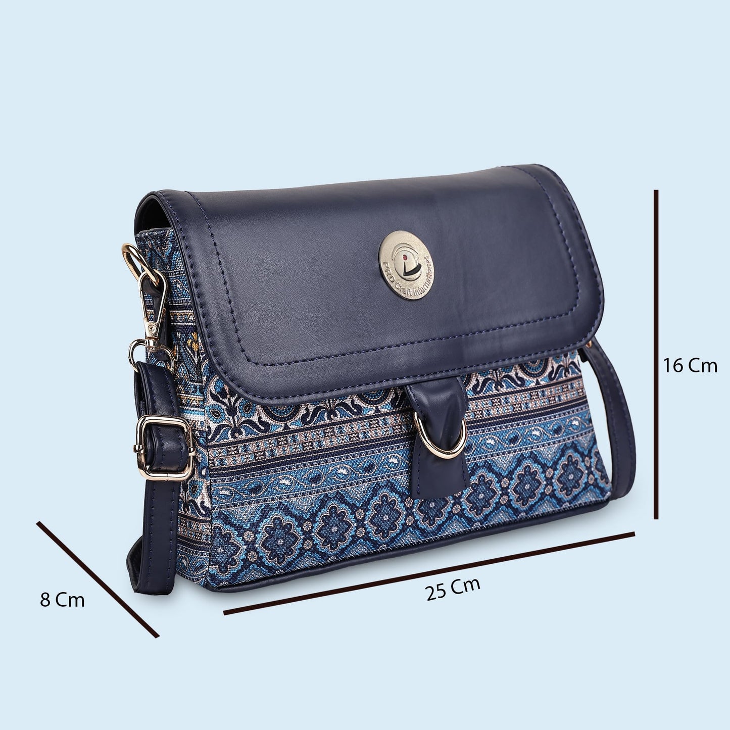 PRD Craft Boho Printed Sling Bag for Women | Jute Crossbody Shoulder Purse with Flap Lock, Zip Closure & Adjustable Strap (Blue, Small)