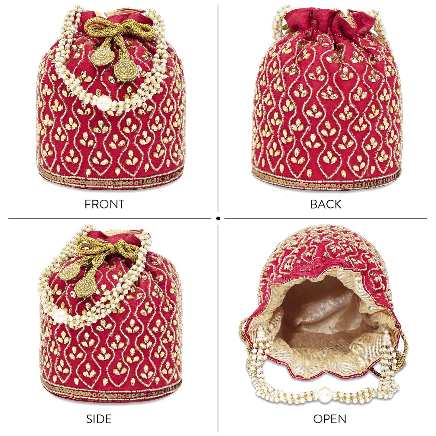 Peora Embroidered Potli Bag for Women Handmade Ethnic Purse Evening Handbags Stylish Bridal Fashion Clutch Bag Gift for Girls (Red, P88R)