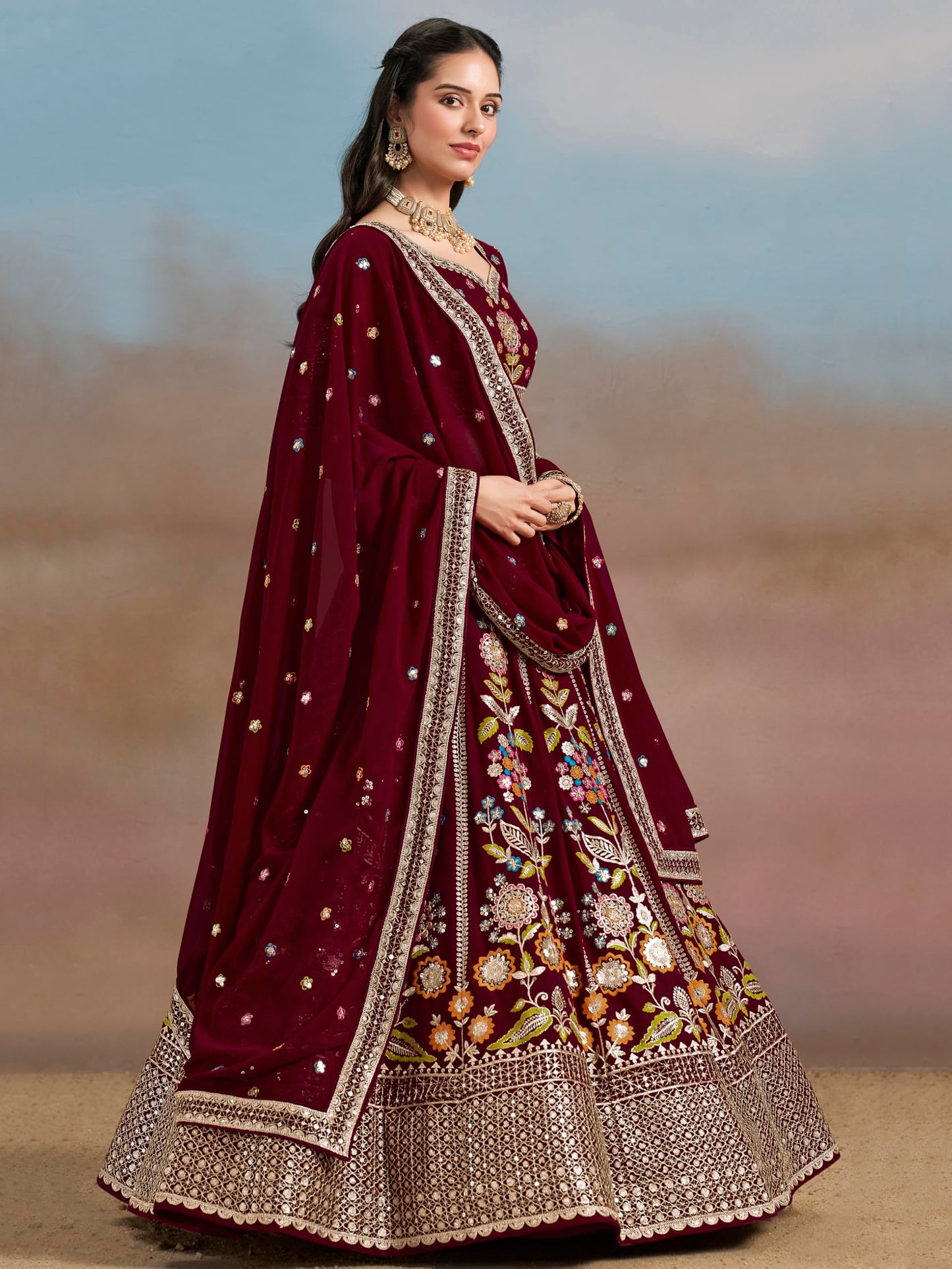 Zeel Clothing Women's Sequins Thread Embroidered Georgette Lehenga Choli With Dupatta (6008-Maroon-Women-Lehenga-Choli-New; Free Size)(Maroon)