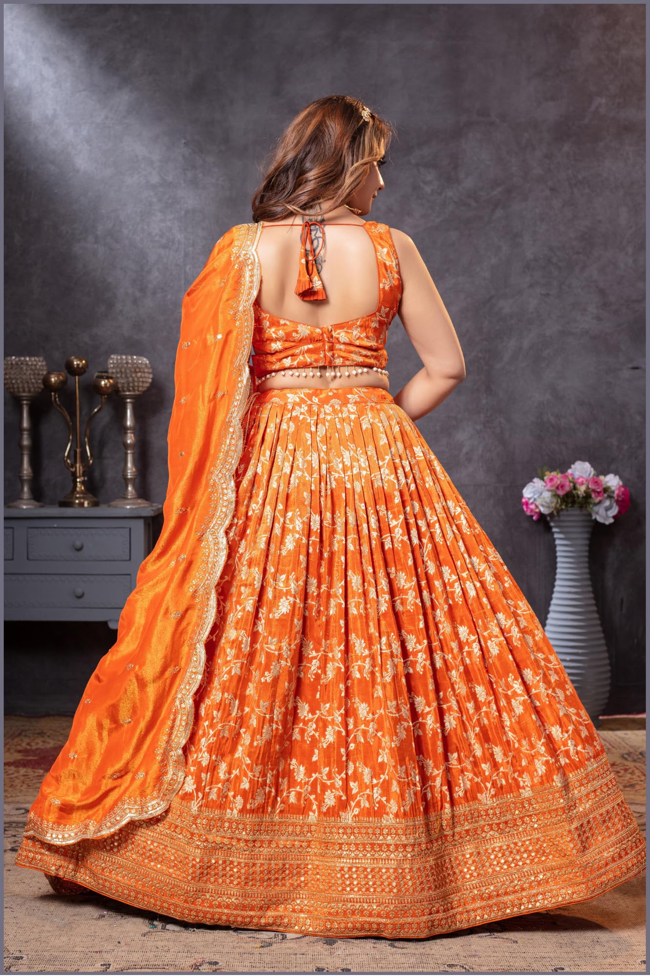 ADHIA Women's Embroidered Lehenga Choli with Dupatta | Silk Blend Wedding Lehenga Set | Traditional Indian Dress (Lehenga, Dupatta, Blouse, Orange, Size - L)