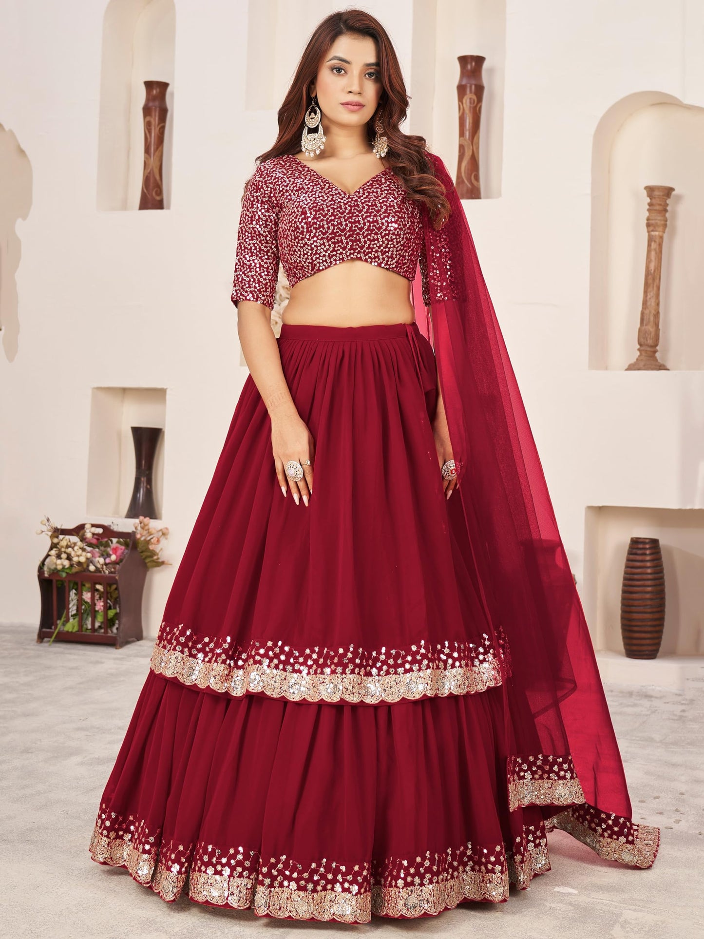 Zeel Clothing Women's Sequins Embroidered Georgette New Semi-stitched Lehenga Choli With Dupatta (5066-Maroon-Womens-Lehenga-Choli-Latest; Free Size)