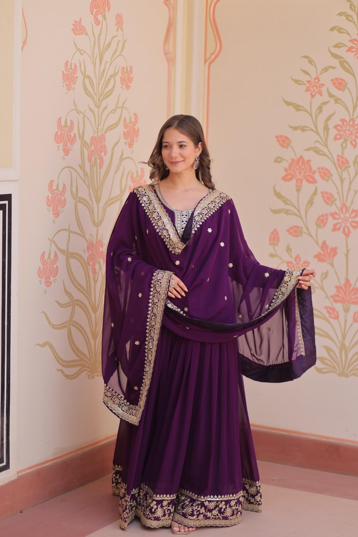 Mehervaa by vinni Purple Anarkali Suit with Gold Embroidery, Long Sleeve Ethnic Dress, Dupatta Included, Traditional Indian Wear (IN, Alpha, L, Regular)