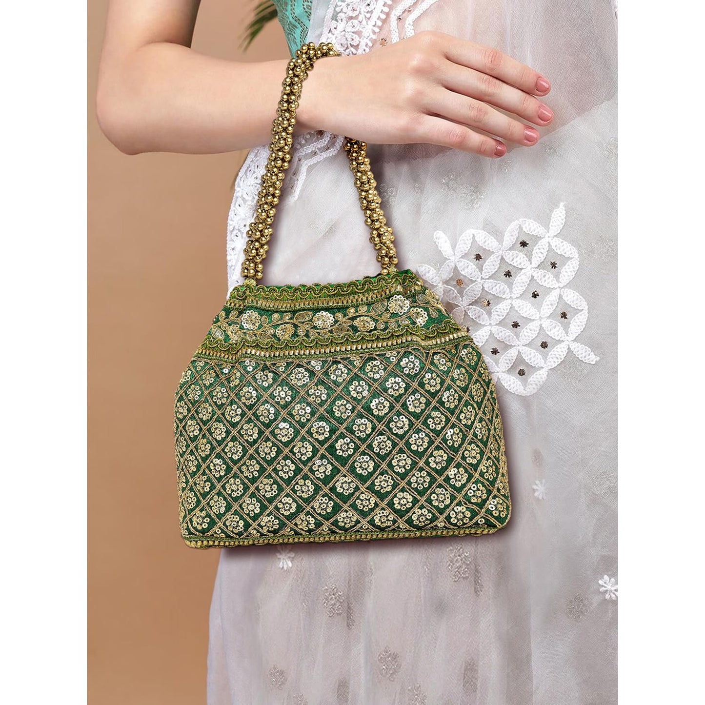Peora Cream & Green Potli Combo Handbags Gift for Women