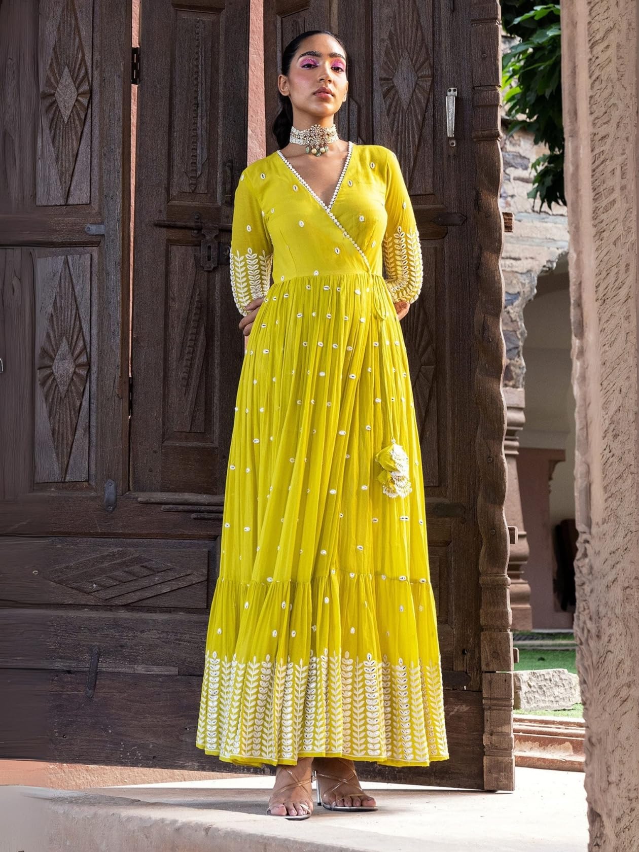 Radiant Yellow Angrakha Anarkali in Pure Cotton with Intricate Thread and Mirror Embroidery