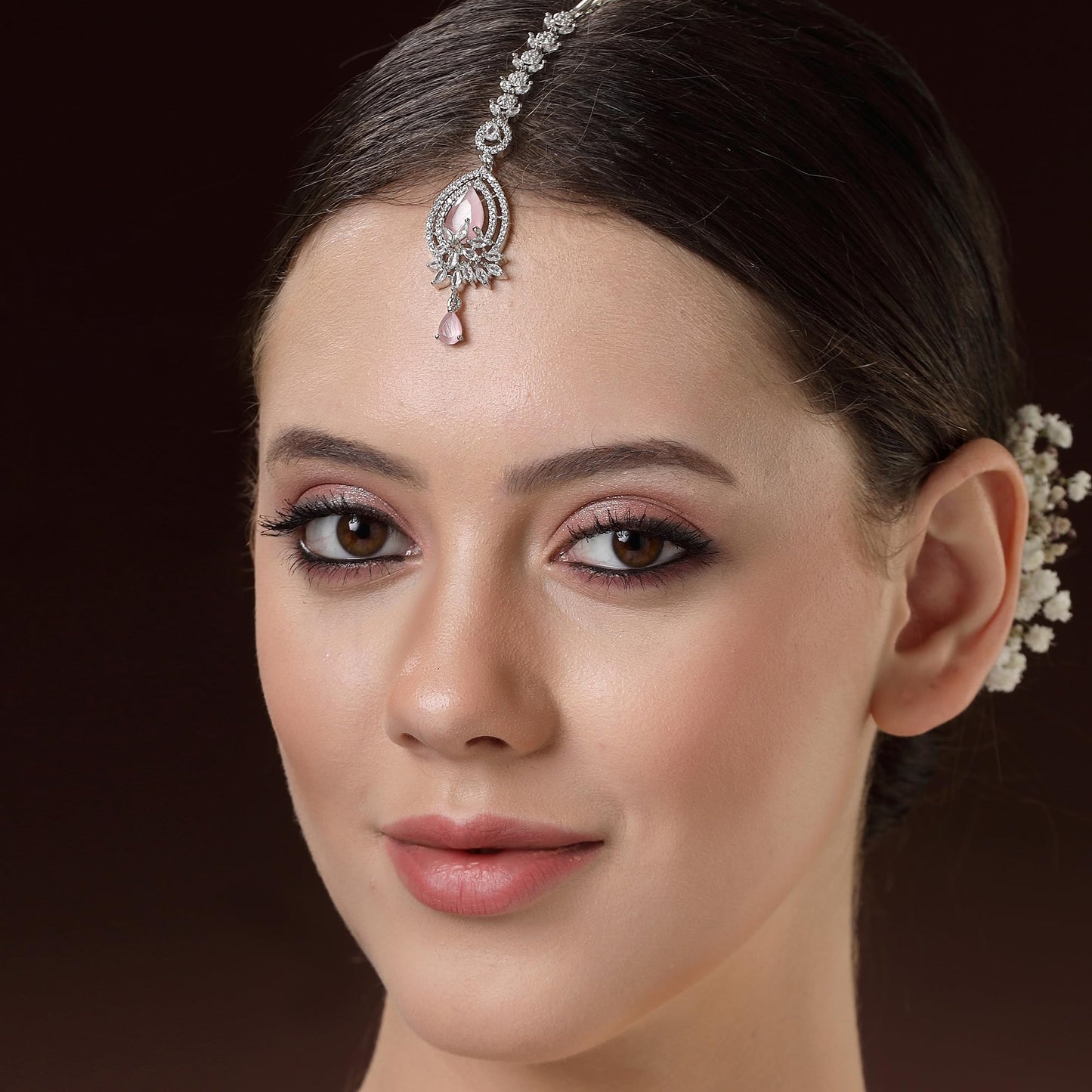 Zeneme Rhodium Plated Designer American Diamonad Tear Drop Crytal Studded Silver Toned Maang Tikka for Women and Gifts for Girls (Pink Constellating Spark Maang Tikka)