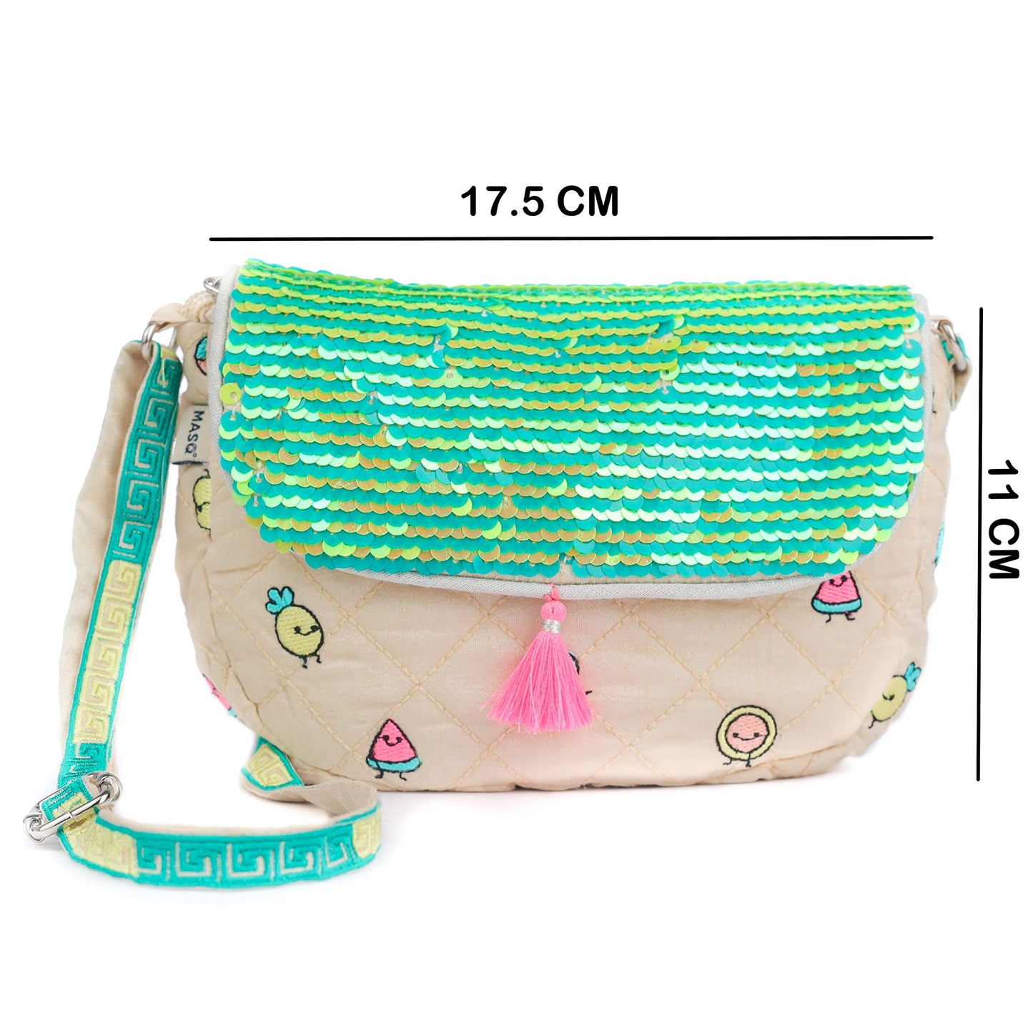 MASQ Little Girls Party Sling Bag, sequin-embellished, embroidered, sparkling with soft crossbody strap, cute and stylish for casual or gifting, Blue, Pink, Green, Multicolour