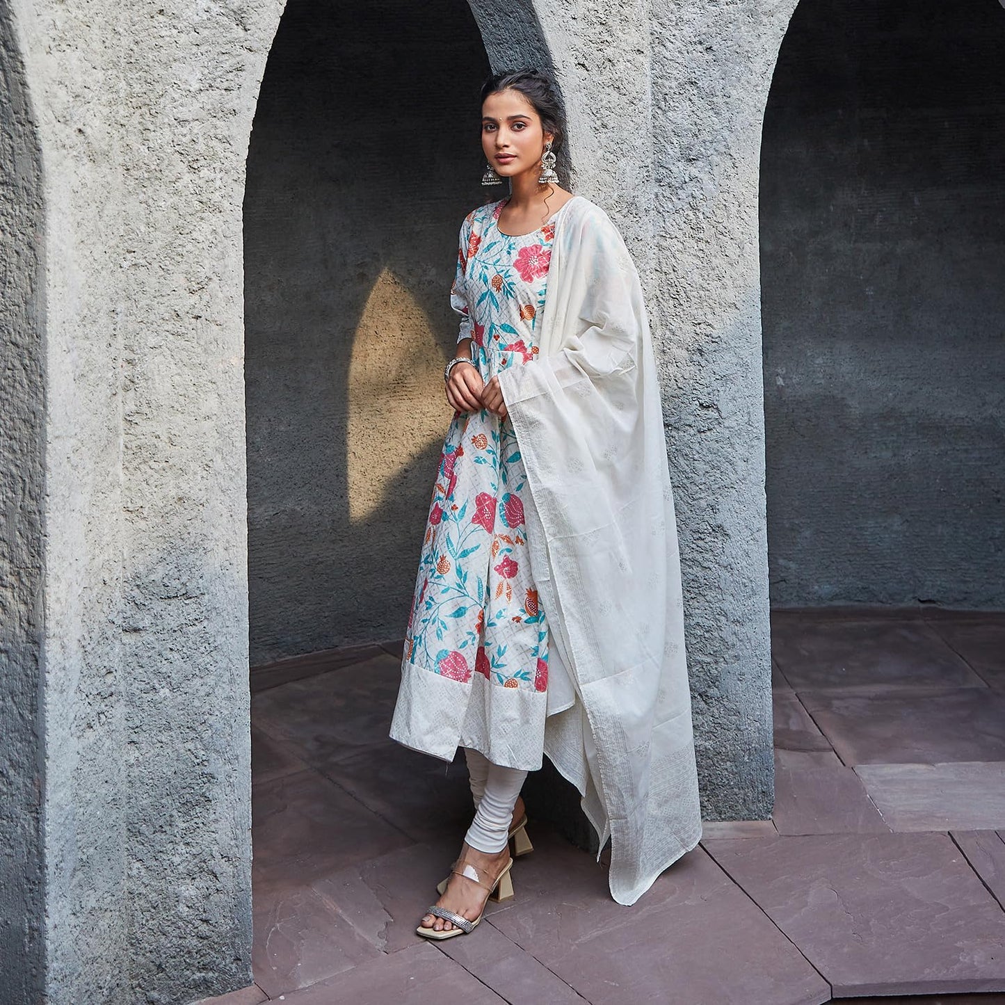 BIBA Women Cotton Anarkali Printed Suit Set (SKDSMERBLOOM9596SS24OWHT_Off White