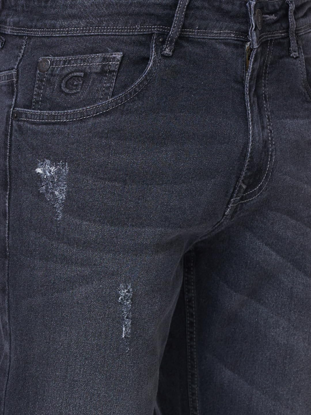 Giordano Mens Mid Rise Stretchable Solid Button Closure Mildly Distressed Cotton 5 Pockets Straight Fit Jeans Mid Black