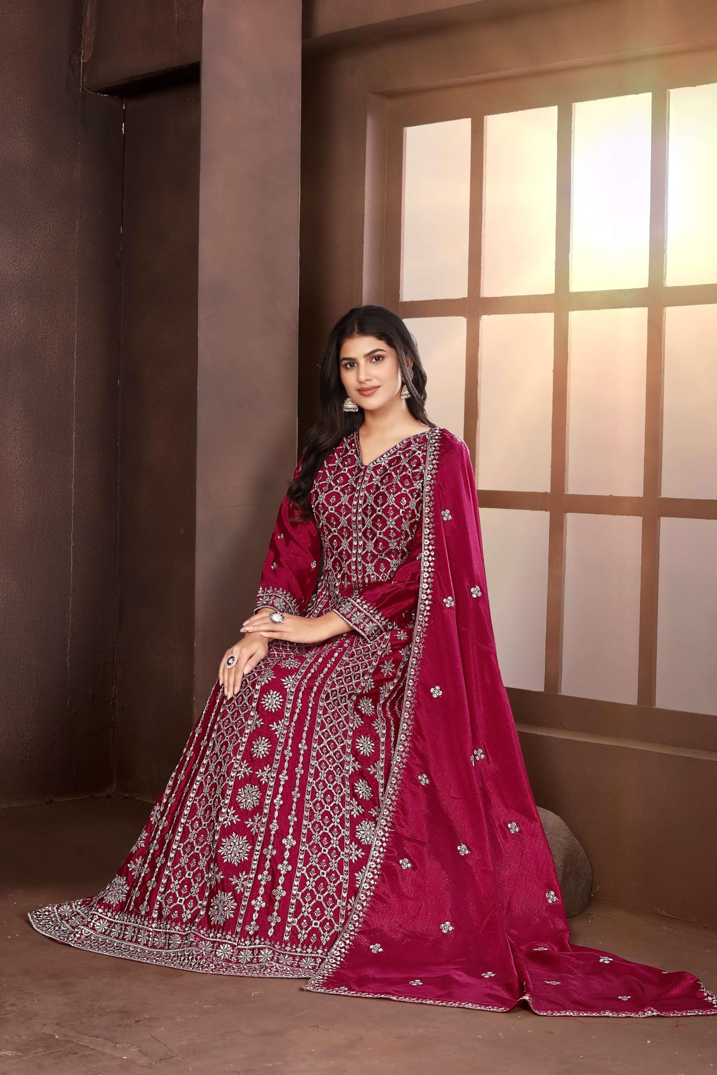 Miss Ethnik Women's Maroon Chinon Stitched Gown with Dupatta Full Sleeve Embroidered A-Line Gown (ME-1236-Maroon-M)