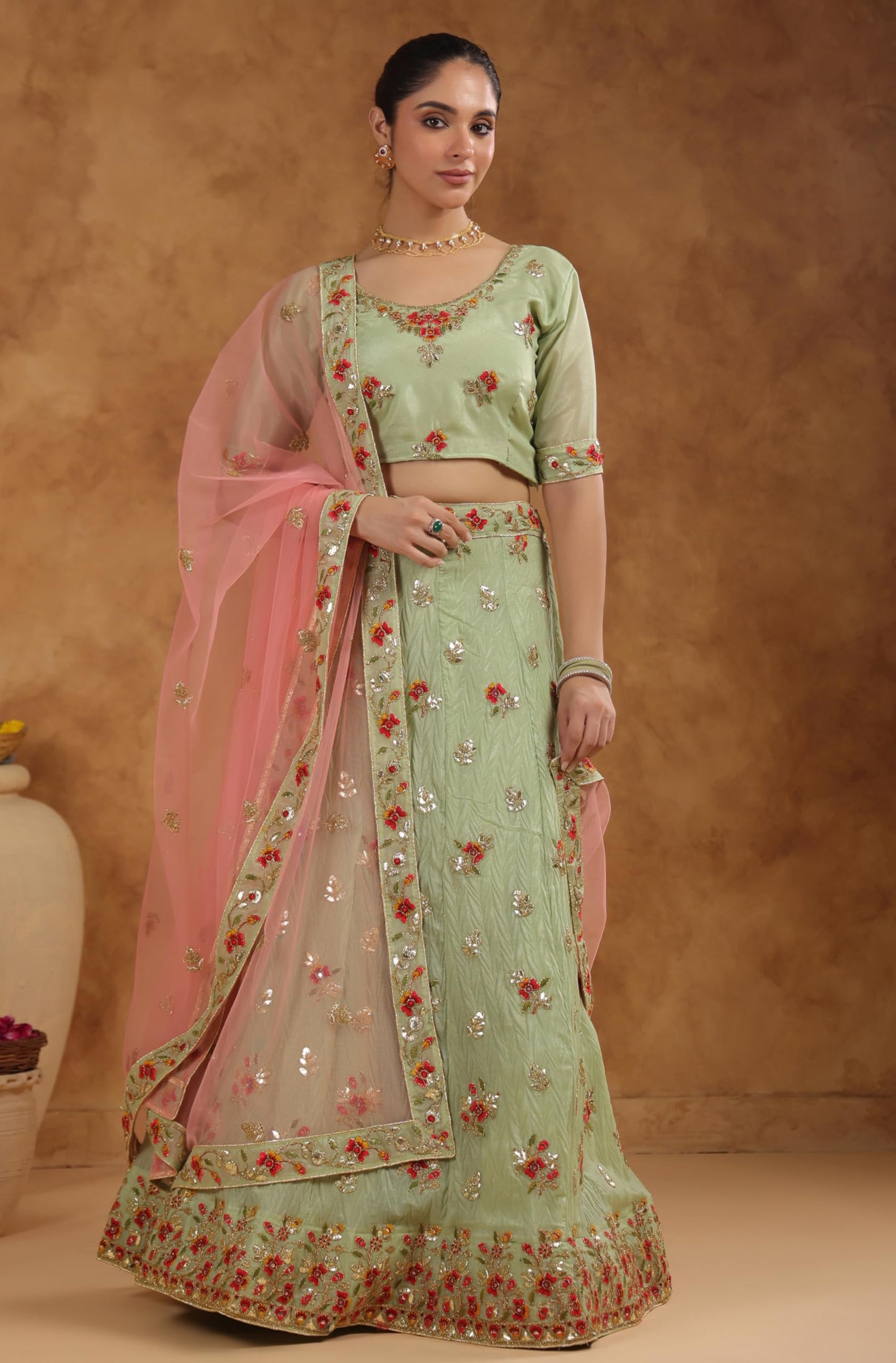 Janasya Women's Pista Green Zari Art Silk Embroidered Semi-Stitched Lehenga Choli with Dupatta Set (JAB24LC01931)