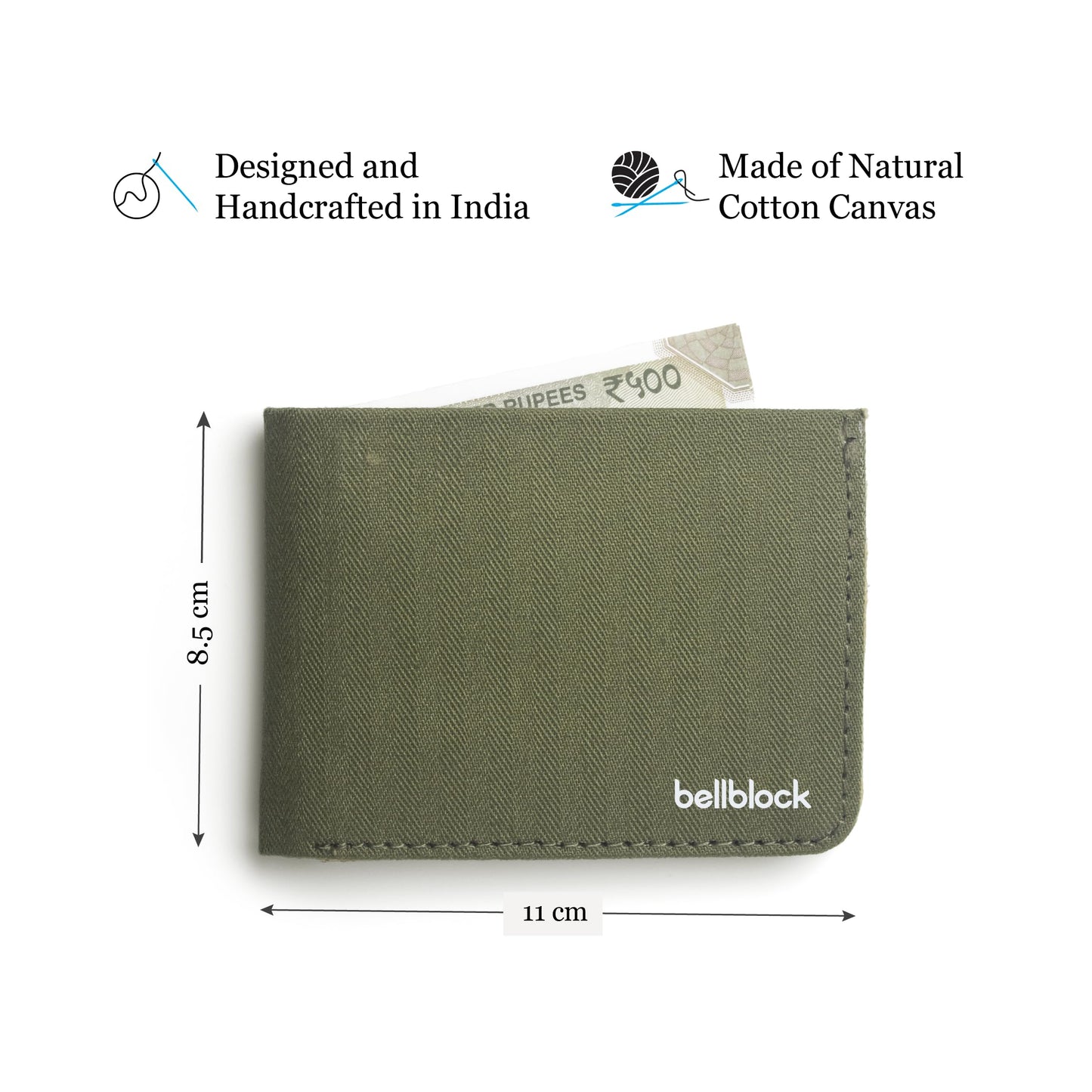Bellblock Slim Sleeve Canvas Wallet for Men/Women | Minimal Handcrafted Wallet | with Sim, Mobile Pin & Hidden Extra Card Slots | Olive Green
