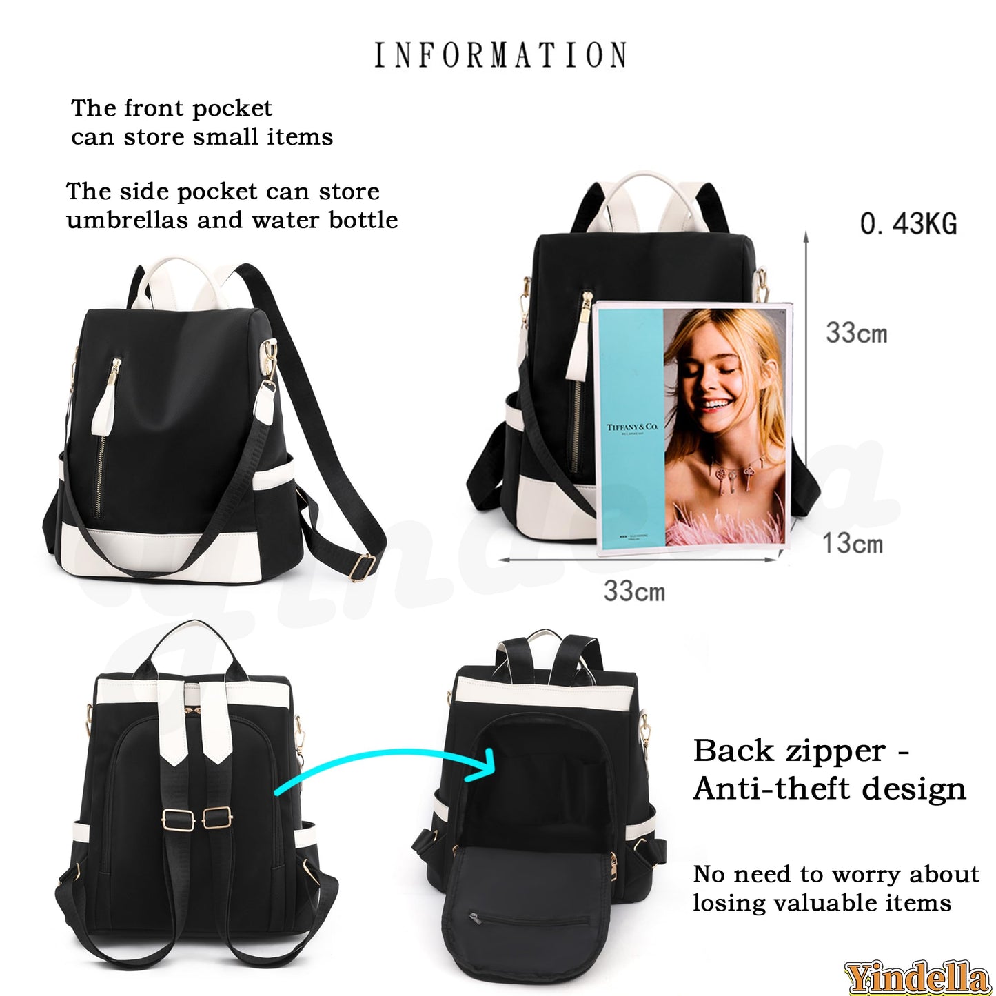 Yindella Women's Anti-Theft Fashion Backpack - Soft Leather Texture Large-Capacity Korean-Style Daypack Elegant Shoulder Fitting Backpack Purse for Travel and Collage Bag for Women and Girls (Blue)