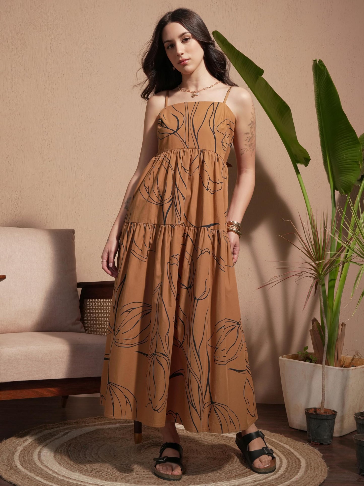 Vishudh Women's Cotton Maxi Dress (VVa1000070_Brown