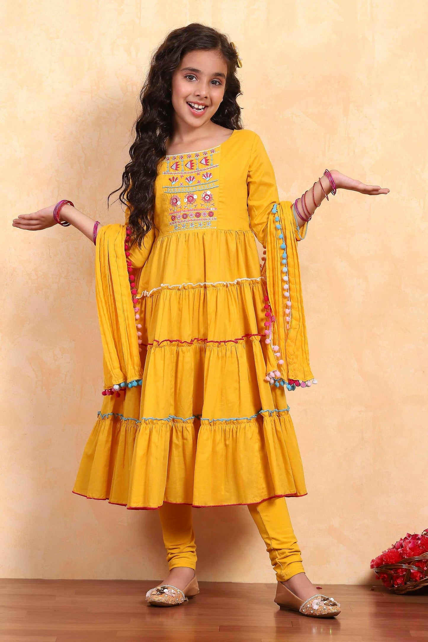 Biba Girl's Yellow Cotton Tiered Solid Suit Set
