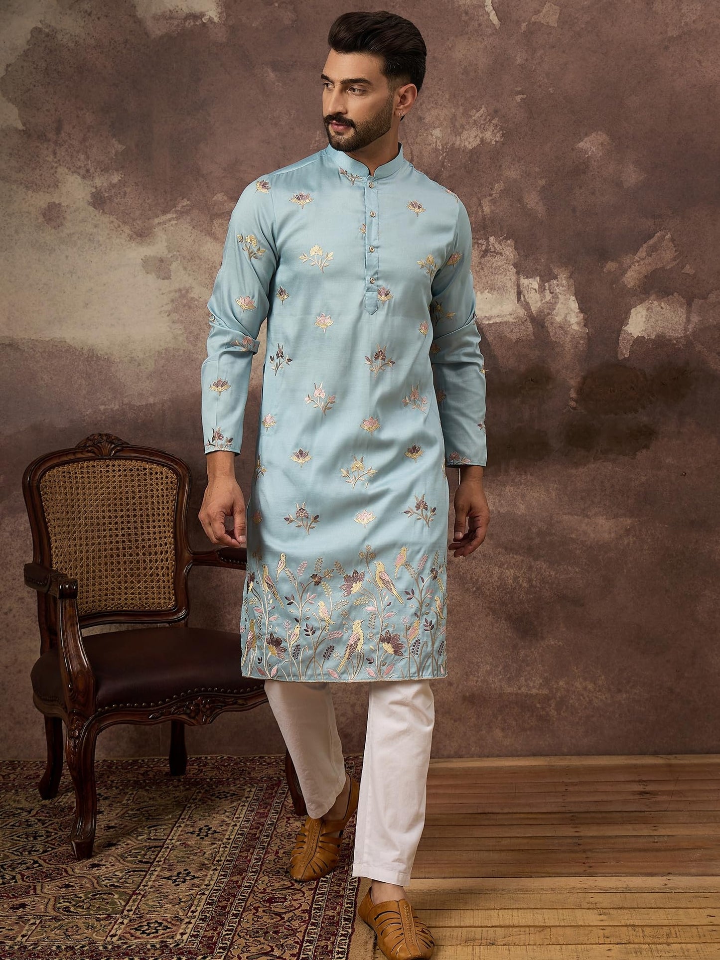 Ethnic Bay Men's Silk Blend Embroidered Solid Calf Length Kurtas | Men | Kurtas for Mens | Straight Fit Kurta for Men's Blue
