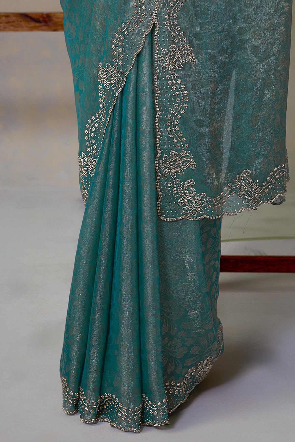 Soch Womens Teal Blue Fendy Chiffon Woven Design Saree With Stone Work