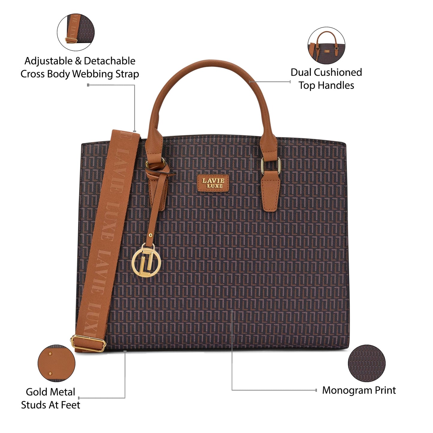 Lavie Luxe Women's Ellon25 Monogram Laptop Satchel Handbag for Women | Fits Upto 15 Inch Laptop | Laptop Bag for Work | Ladies purse | Stylish Shoulder Bag | Gift For Women