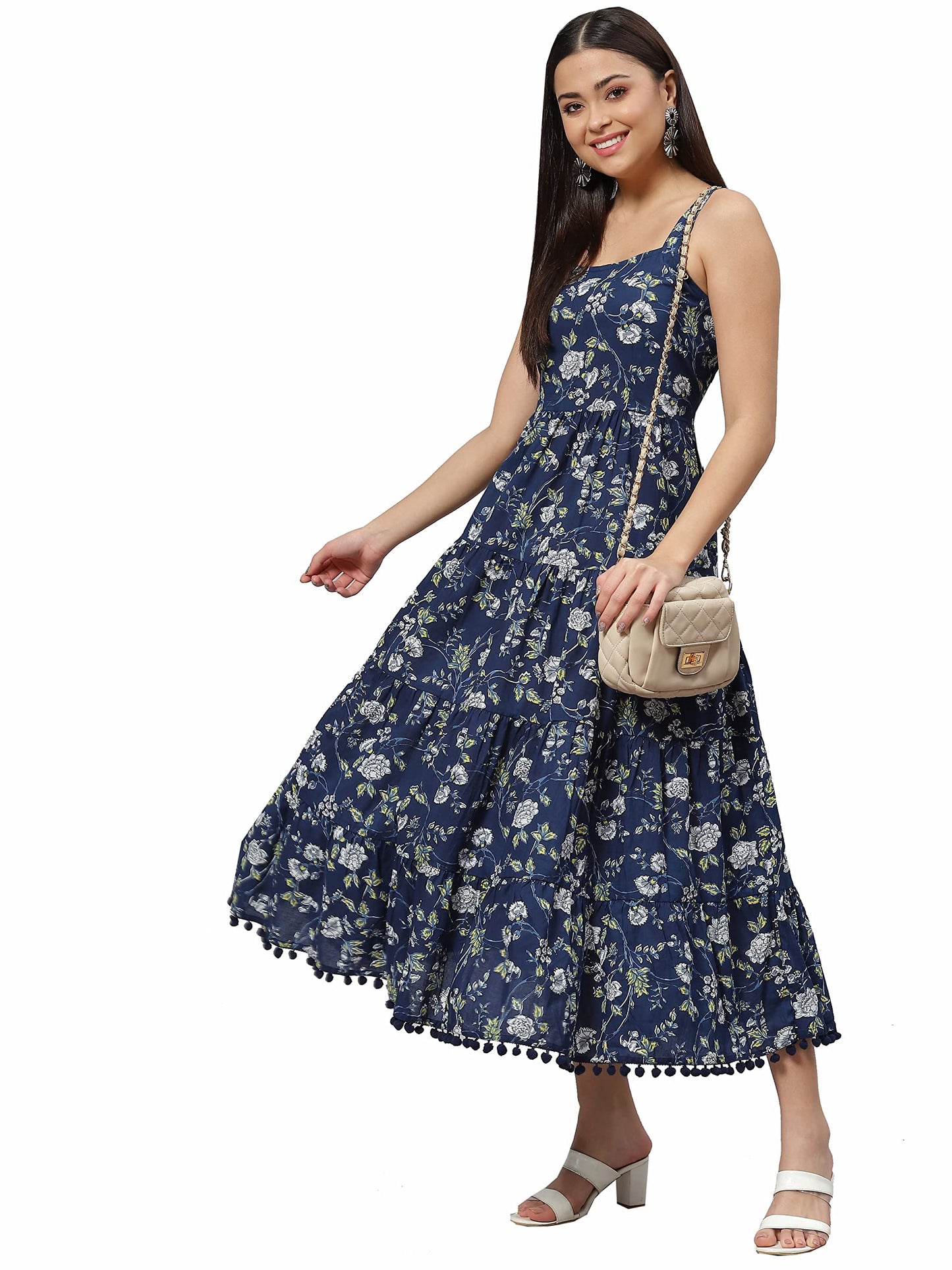 Divena Blue Floarl Shoulder Strip Long Dress