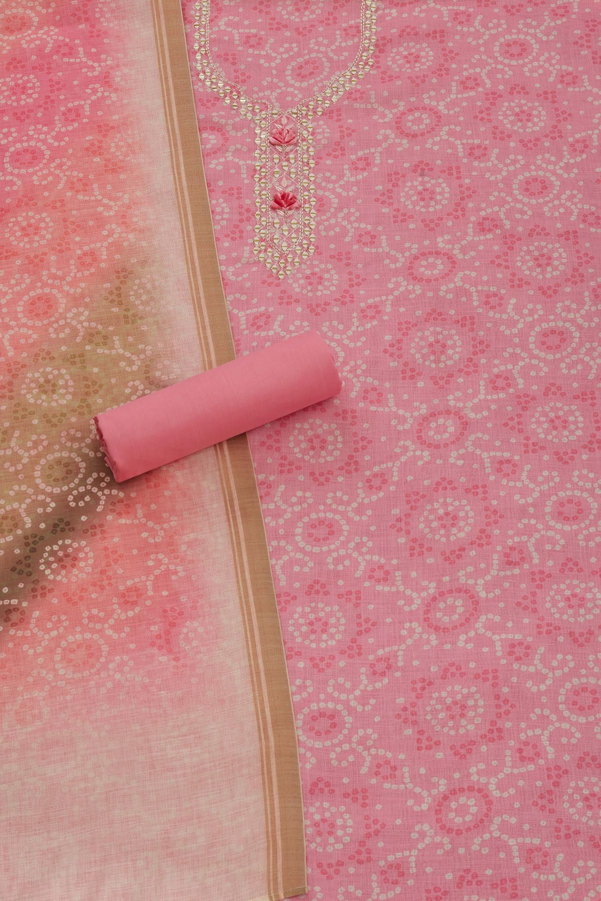 Soch Womens Pink Linen Bandhani Print Unstitch Dress Material With Mirror