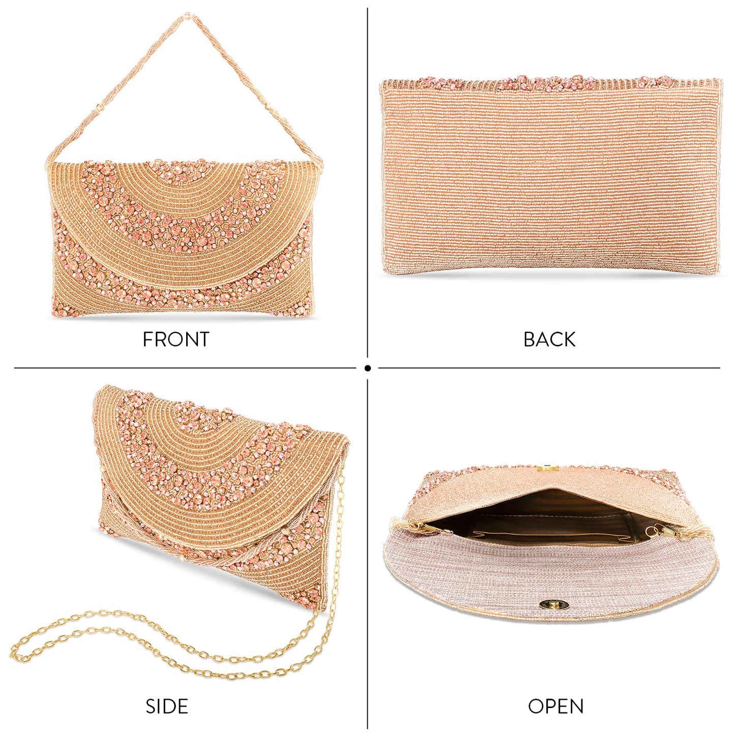 Peora Clutch Women's Purse Bridal Bag For Casual Detachable Strap Evening Sling Bag (Rose Gold)-C72C