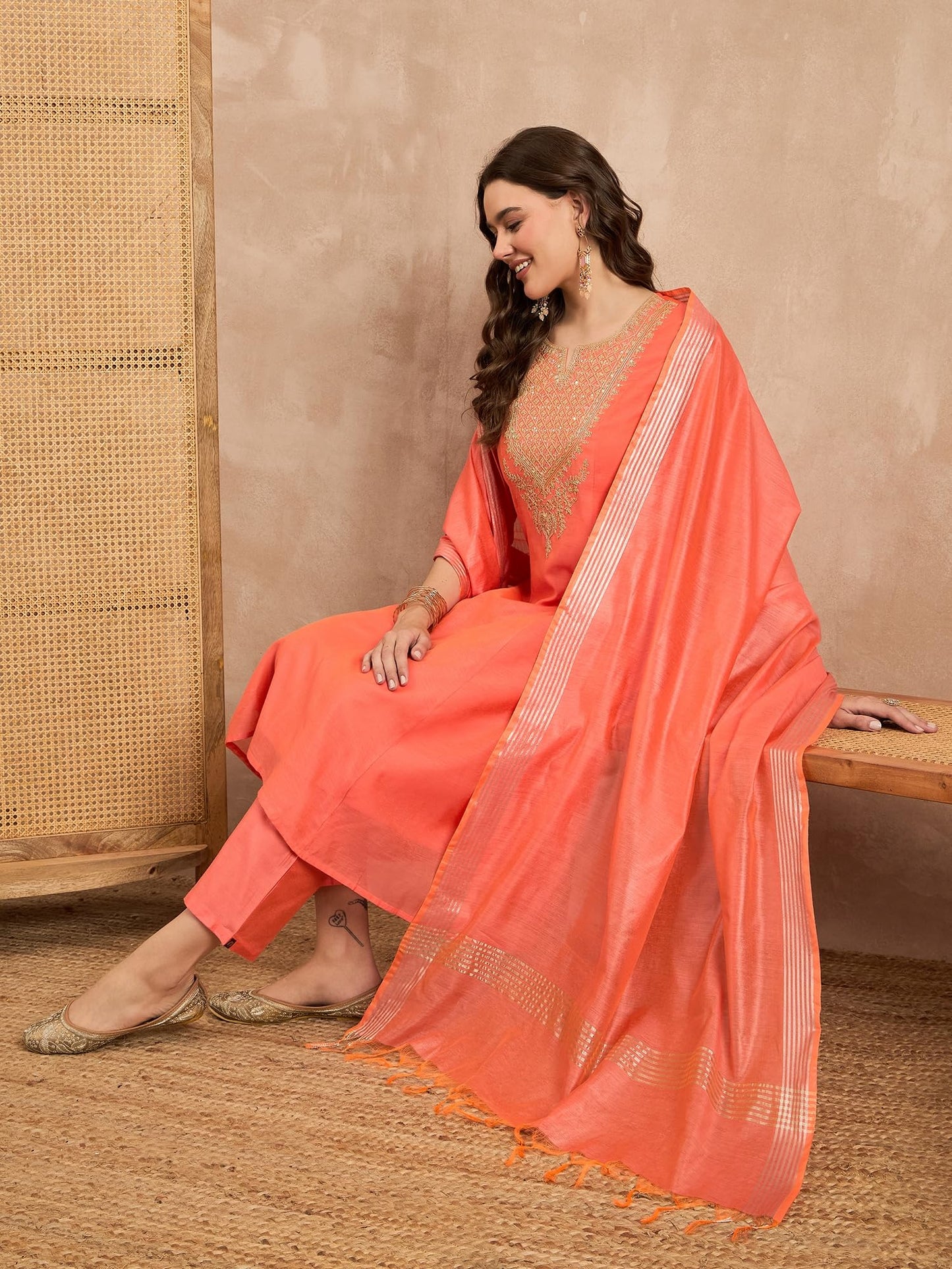 Rangavali Rust Embroidered Festive Anarkali Suit Set | Silk Chanderi Readymade Outfit Kurti, Pant & Dupatta for Women | Kurti Set for Ladies | 3 Pcs, L, 36