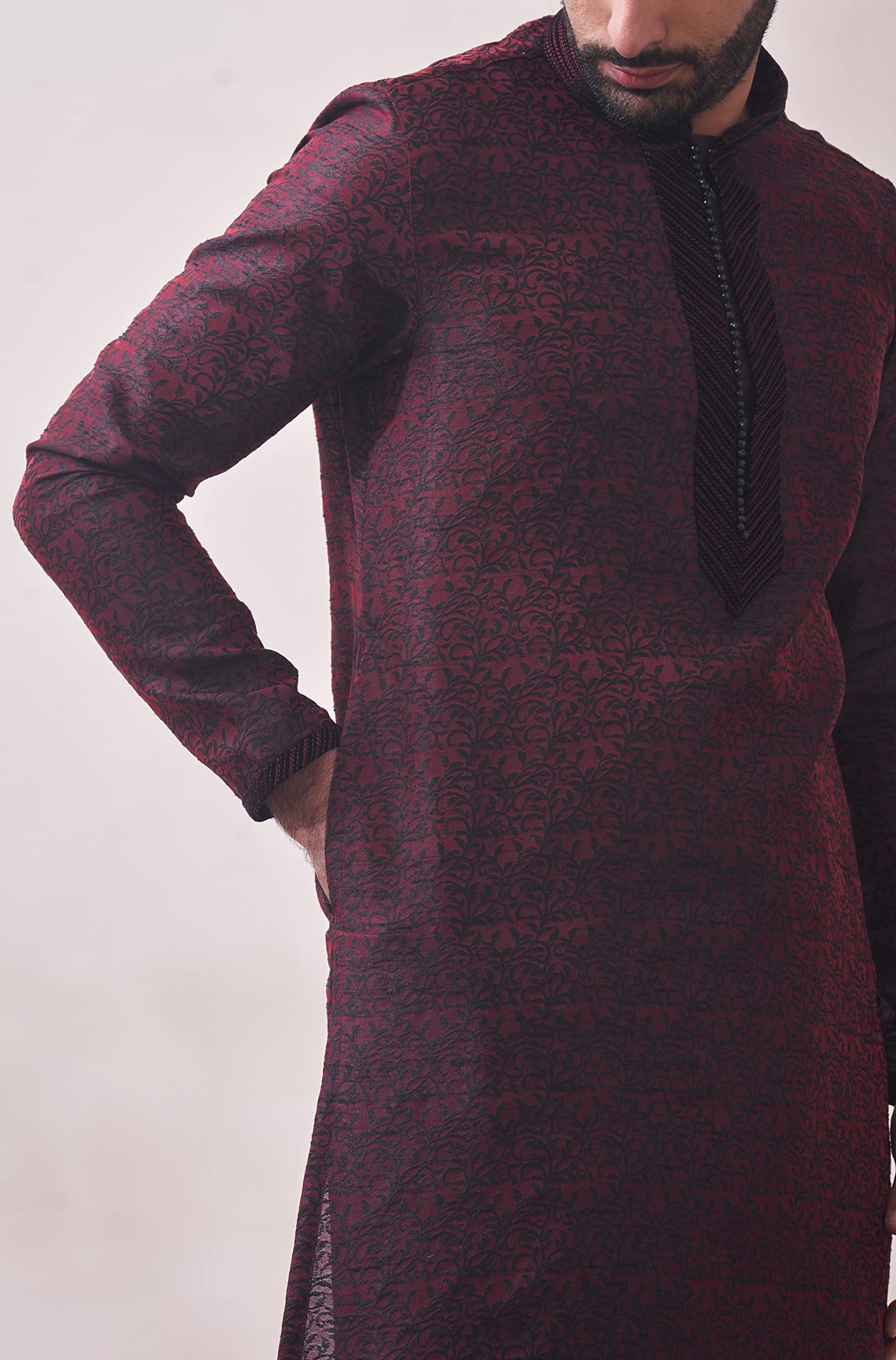 Manyavar Maroon Art Silk Full Sleeve Kurta Set | Traditional Kurta Set For Men (XL)