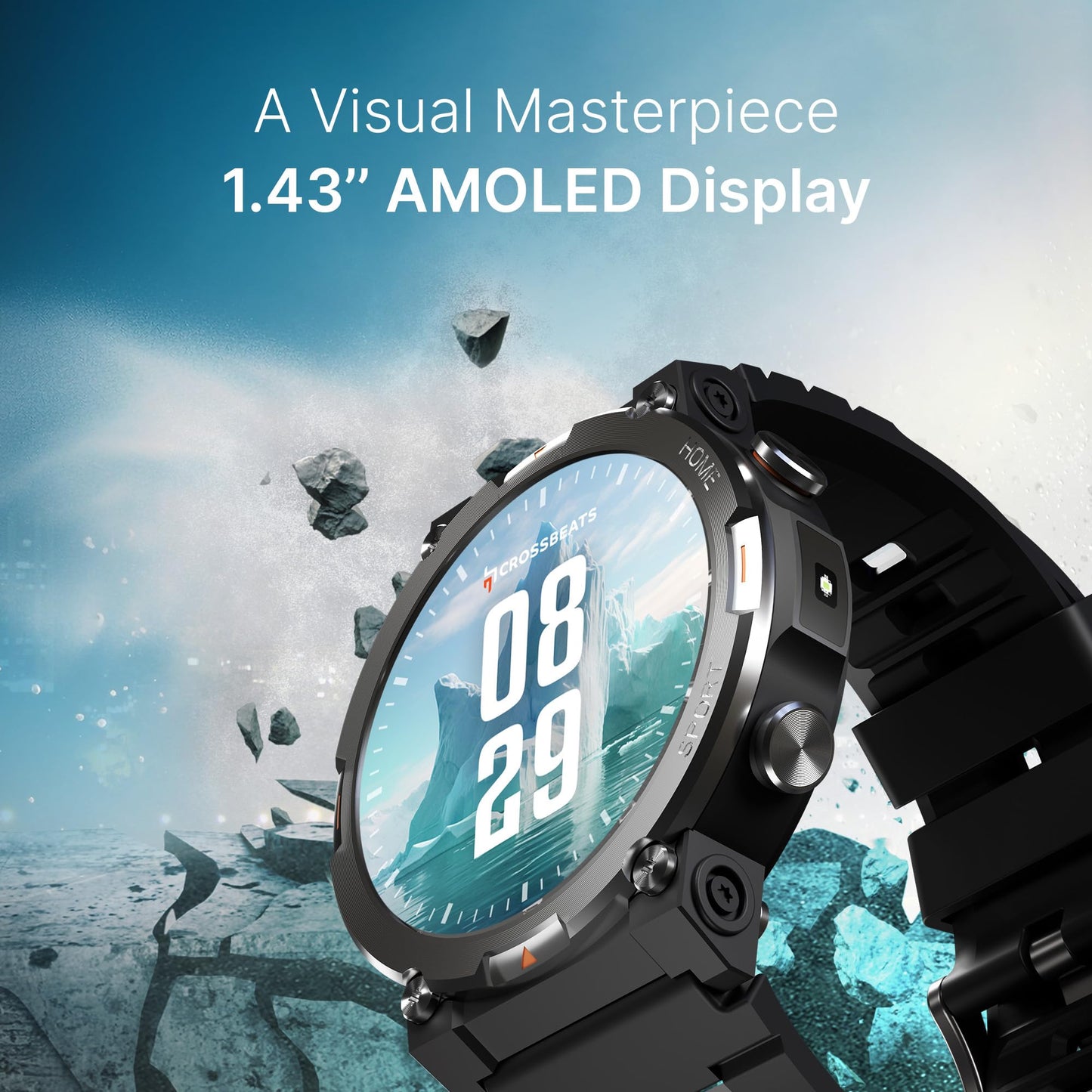CrossBeats Everest 2.0 2025 Smart Watch for Men 1.43" True AMOLED, Always ON Display Bluetooth Calling Rugged Outdoor with Flash Light Upto 15 Days Battery Life Smartwatch 100+ Sports Mode