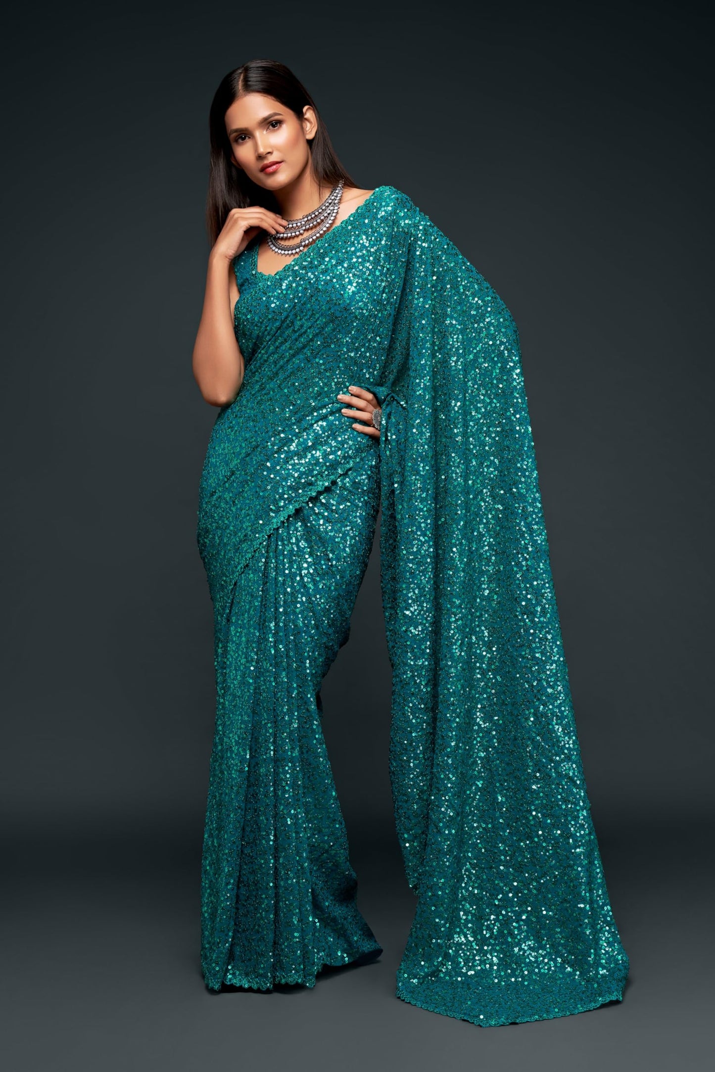 TRENDMALLS Women's Georgette Sequins Work Heavy Saree with Blouse Piece (Latest-sequins-party-wedding-sarees,Many Colors) (Morpeach)