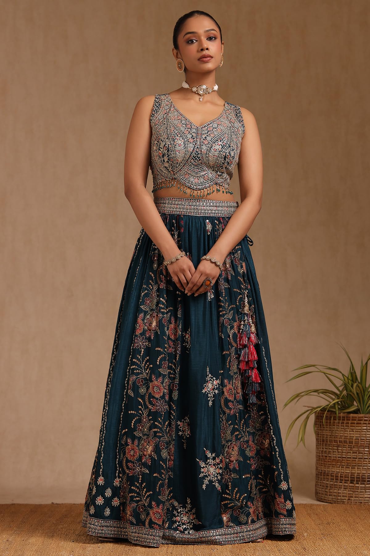 Soch Womens Teal Green Chinon Embroidered Ghagra Choli With Stone Work